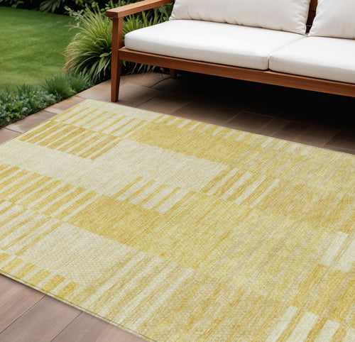 10' X 14' Gold Wheat And Ivory Striped Washable Indoor Outdoor Area Rug
