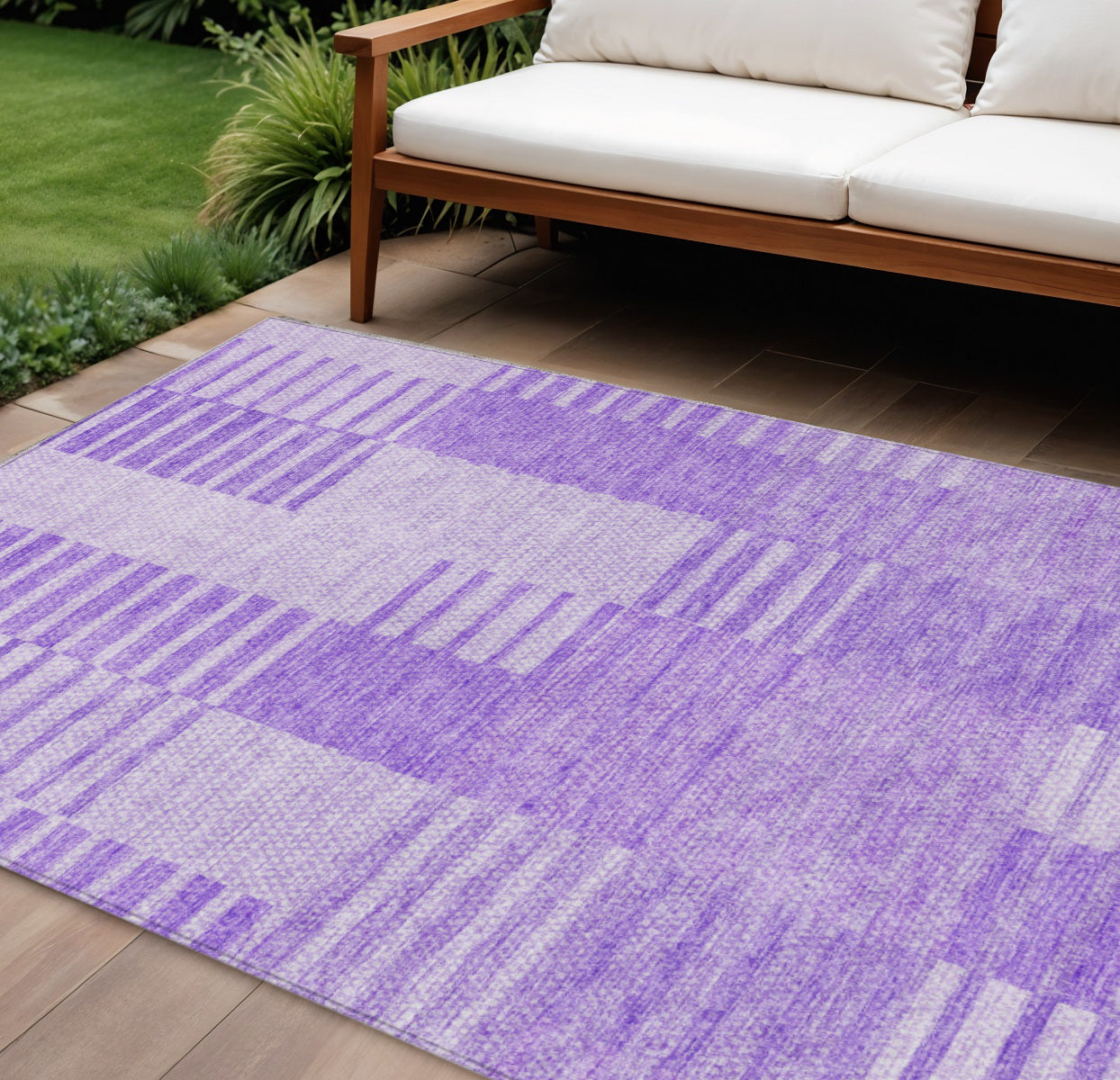 9' X 12' Lavender And Purple Striped Washable Indoor Outdoor Area Rug