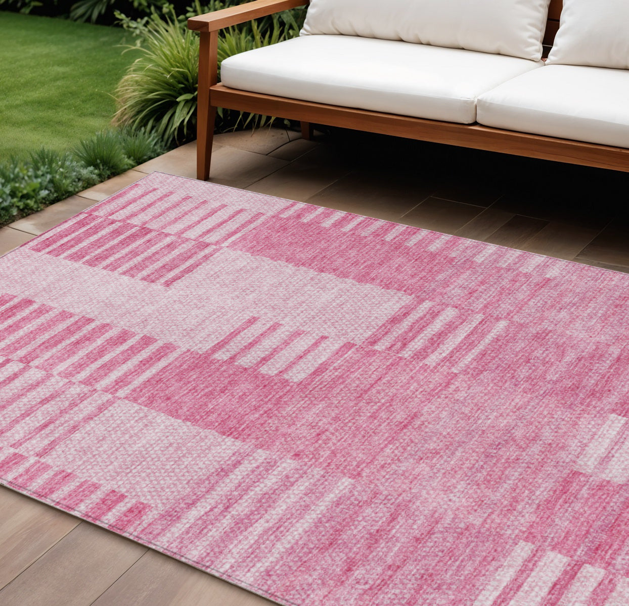 10' X 14' Pink And Blush Striped Washable Indoor Outdoor Area Rug