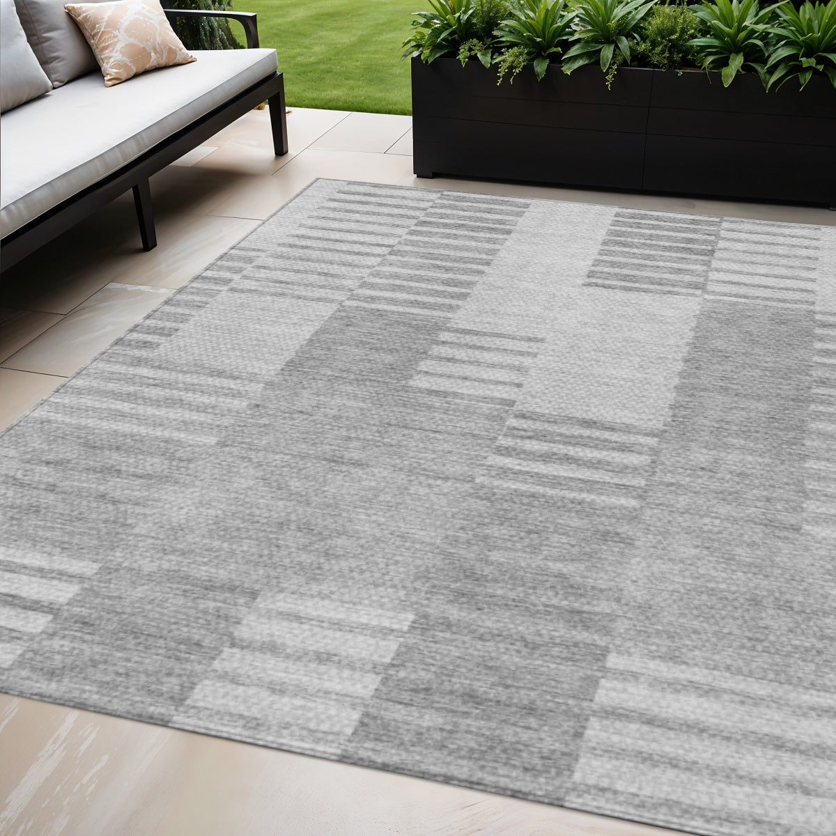 5' X 8' Silver Gray And Ivory Striped Washable Indoor Outdoor Area Rug