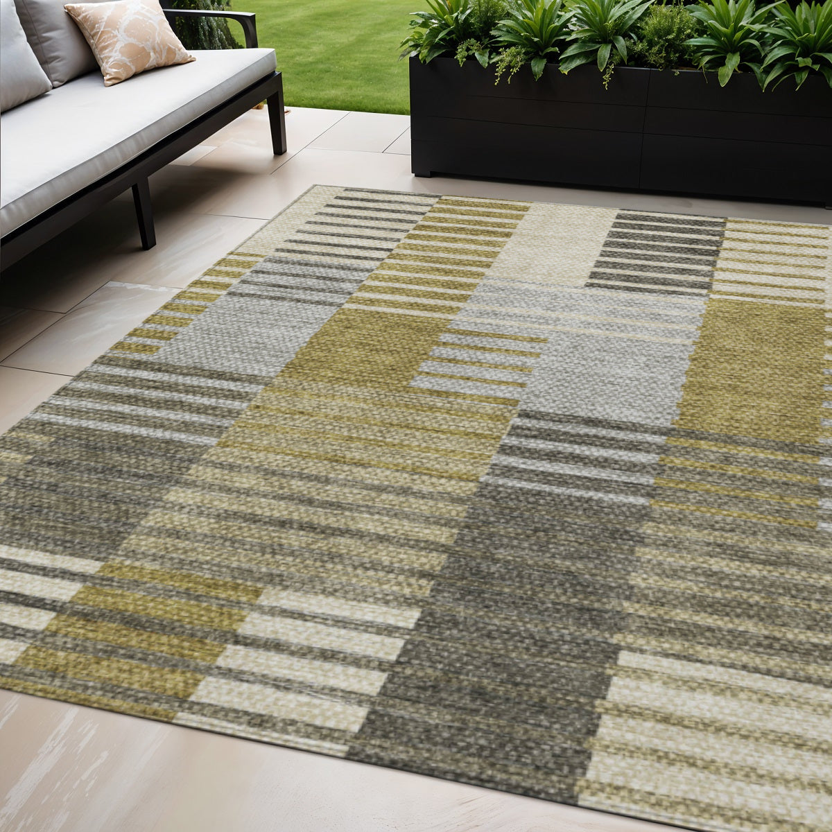 5' X 8' Brown Gold And Taupe Striped Washable Indoor Outdoor Area Rug