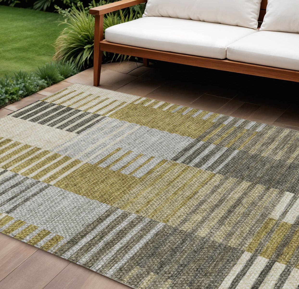10' X 14' Brown Gold And Taupe Striped Washable Indoor Outdoor Area Rug