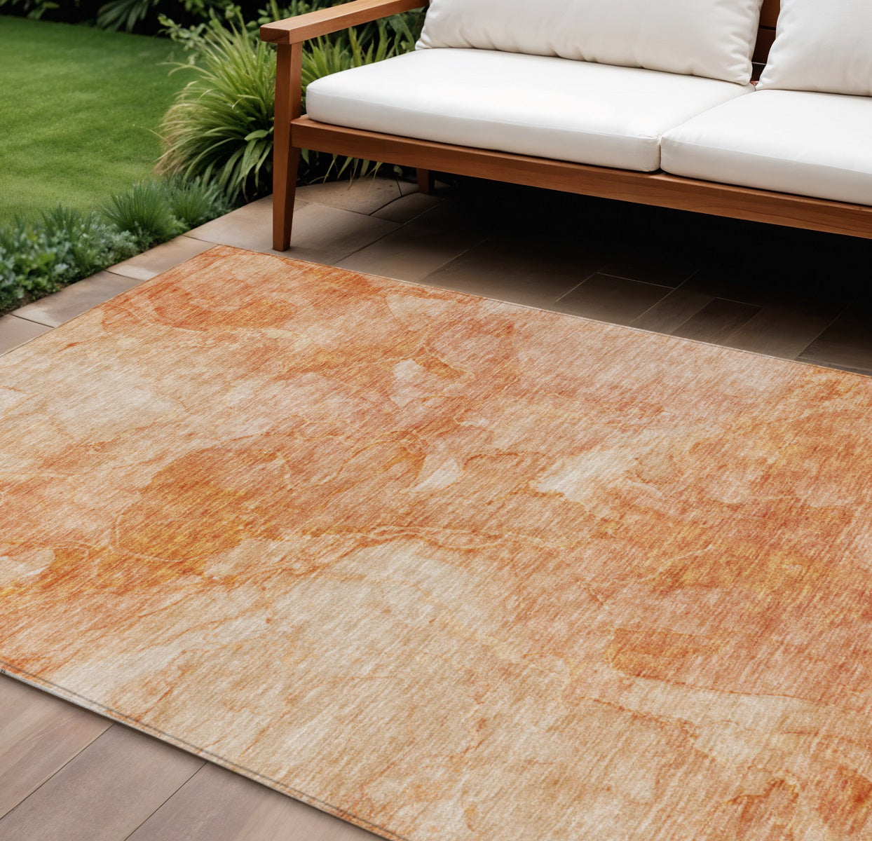 9' X 12' Salmon Peach And Ivory Nautical Washable Indoor Outdoor Area Rug