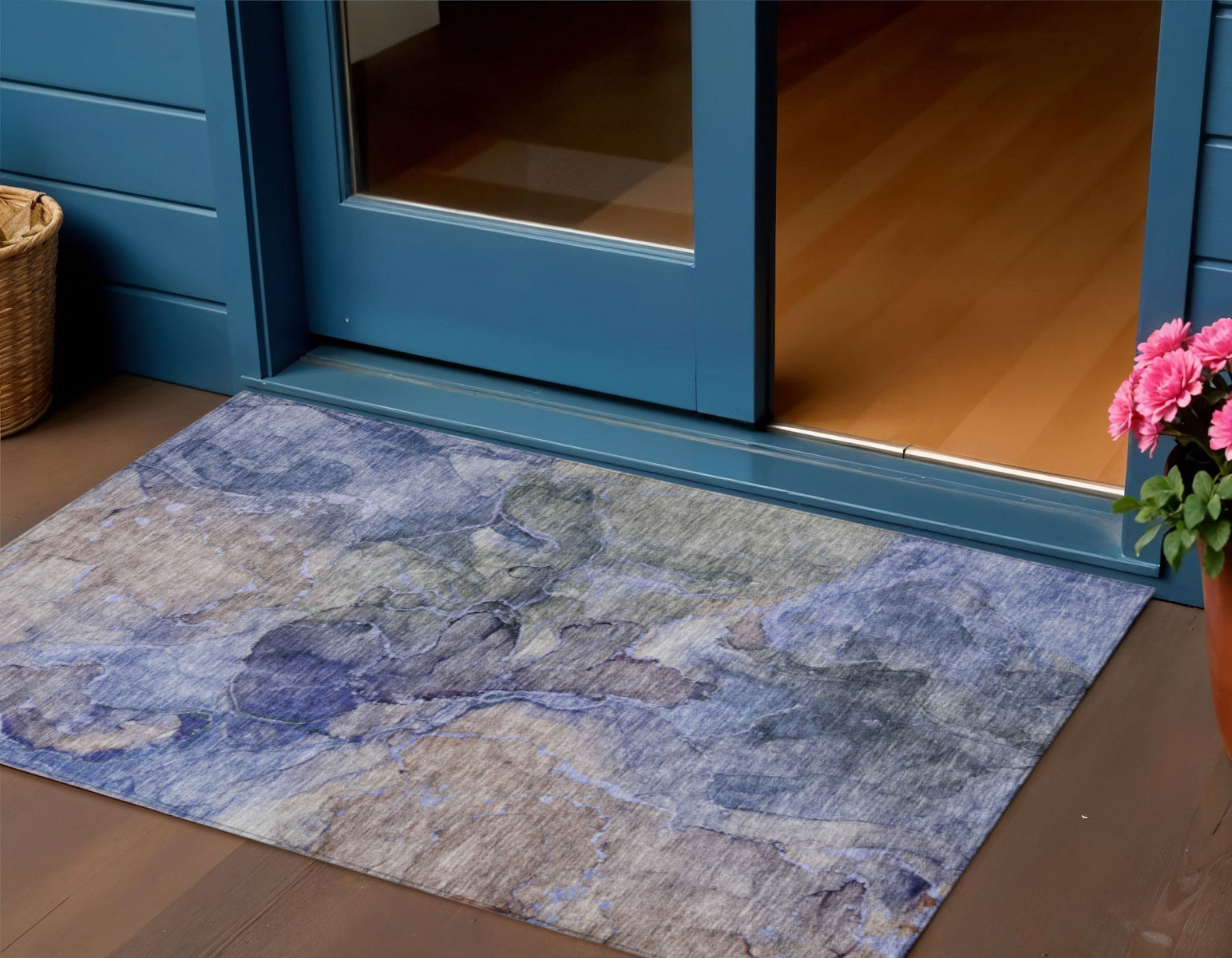 3' X 5' Navy Blue And Beige Abstract Washable Indoor Outdoor Area Rug