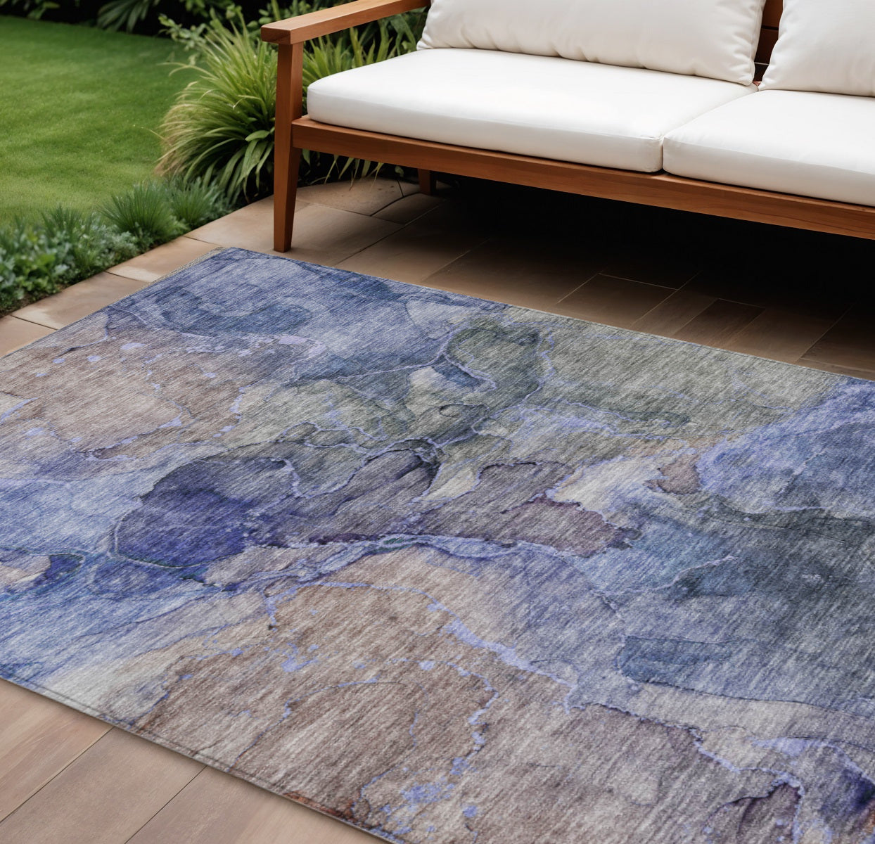 9' X 12' Navy Blue And Beige Abstract Washable Indoor Outdoor Area Rug