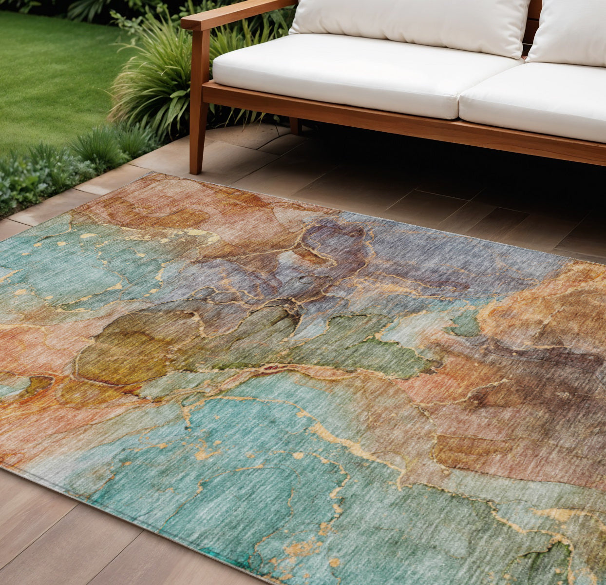 8' X 10' Copper Orange And Teal Blue Abstract Washable Indoor Outdoor Area Rug