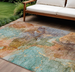 9' X 12' Copper Orange And Teal Blue Abstract Washable Indoor Outdoor Area Rug