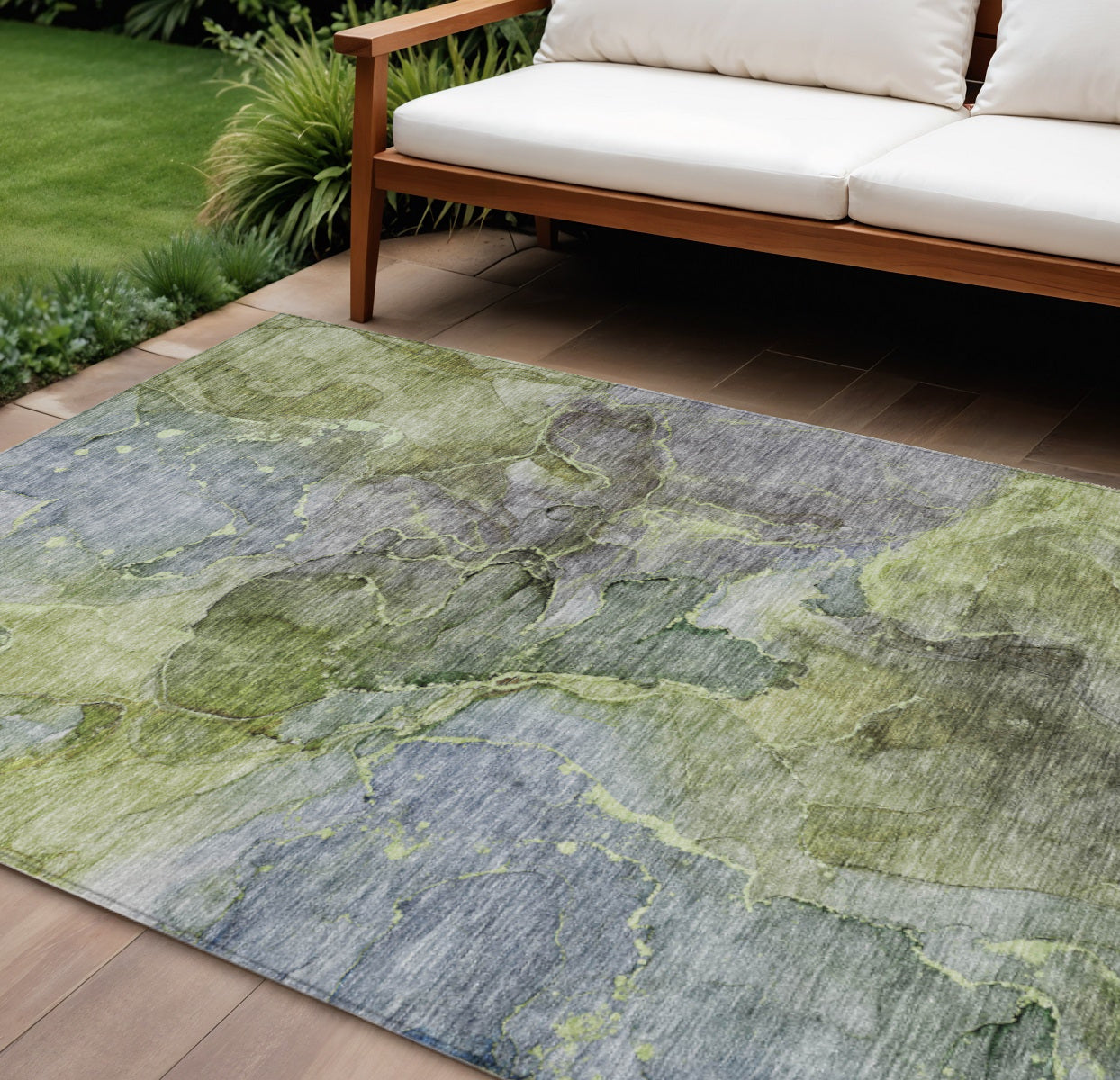 9' X 12' Olive Green And Gray Abstract Washable Indoor Outdoor Area Rug