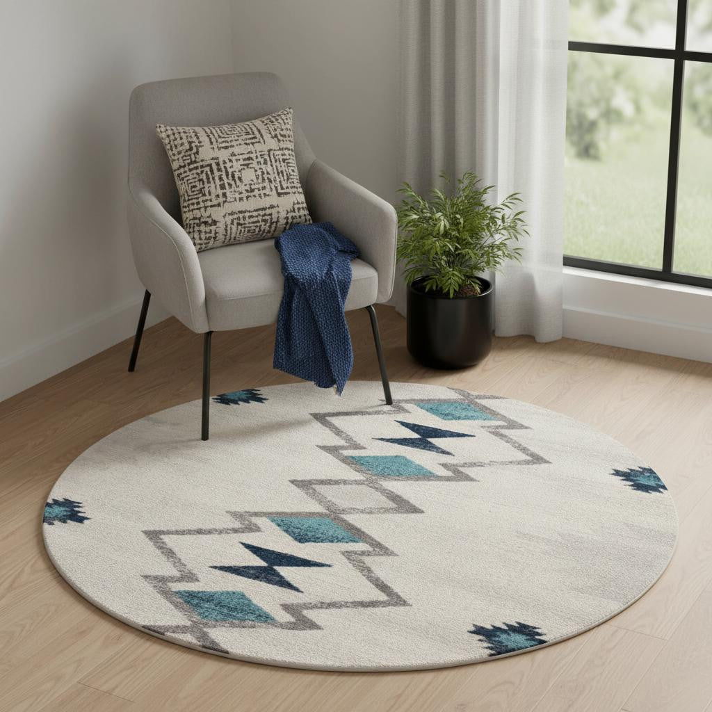 5 X 5 Beige Blue And Brown Abstract Round Rug
