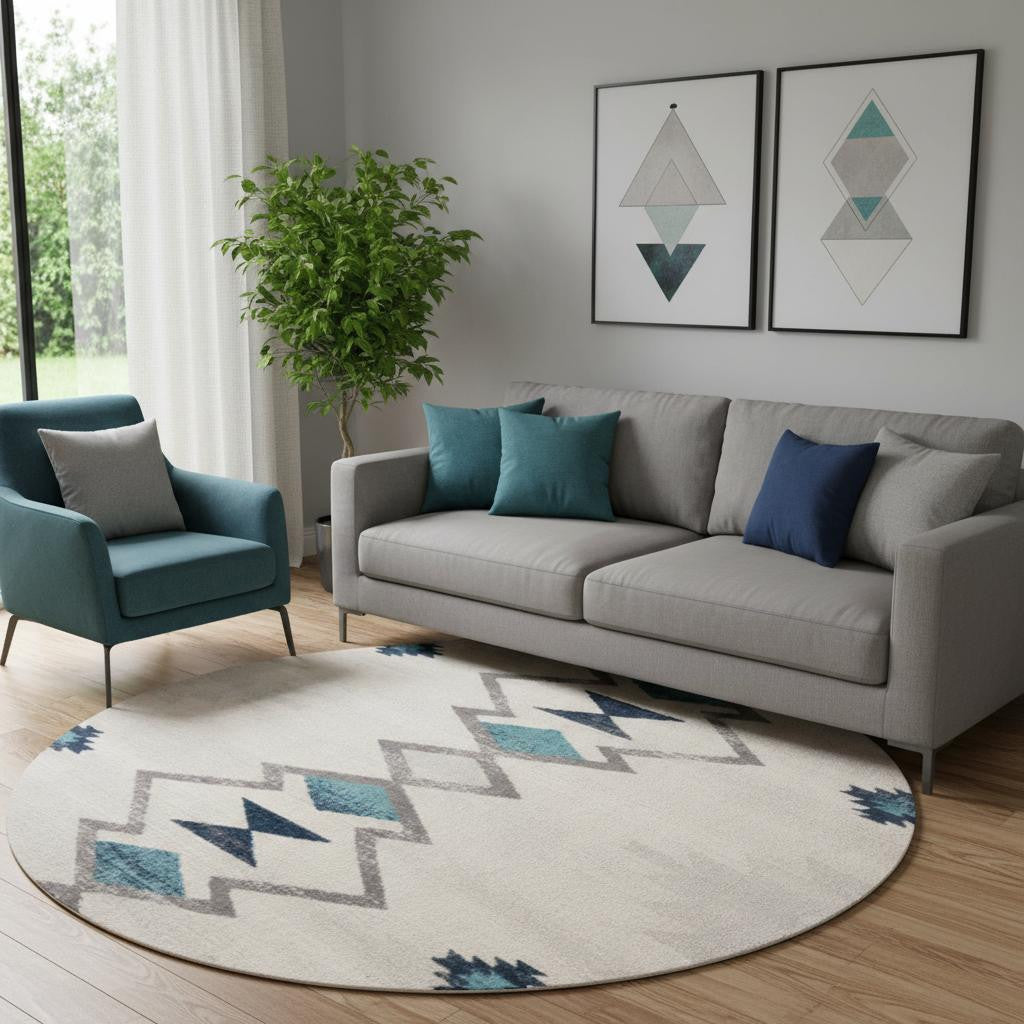8 X 8 Beige Blue And Brown Abstract Round Rug