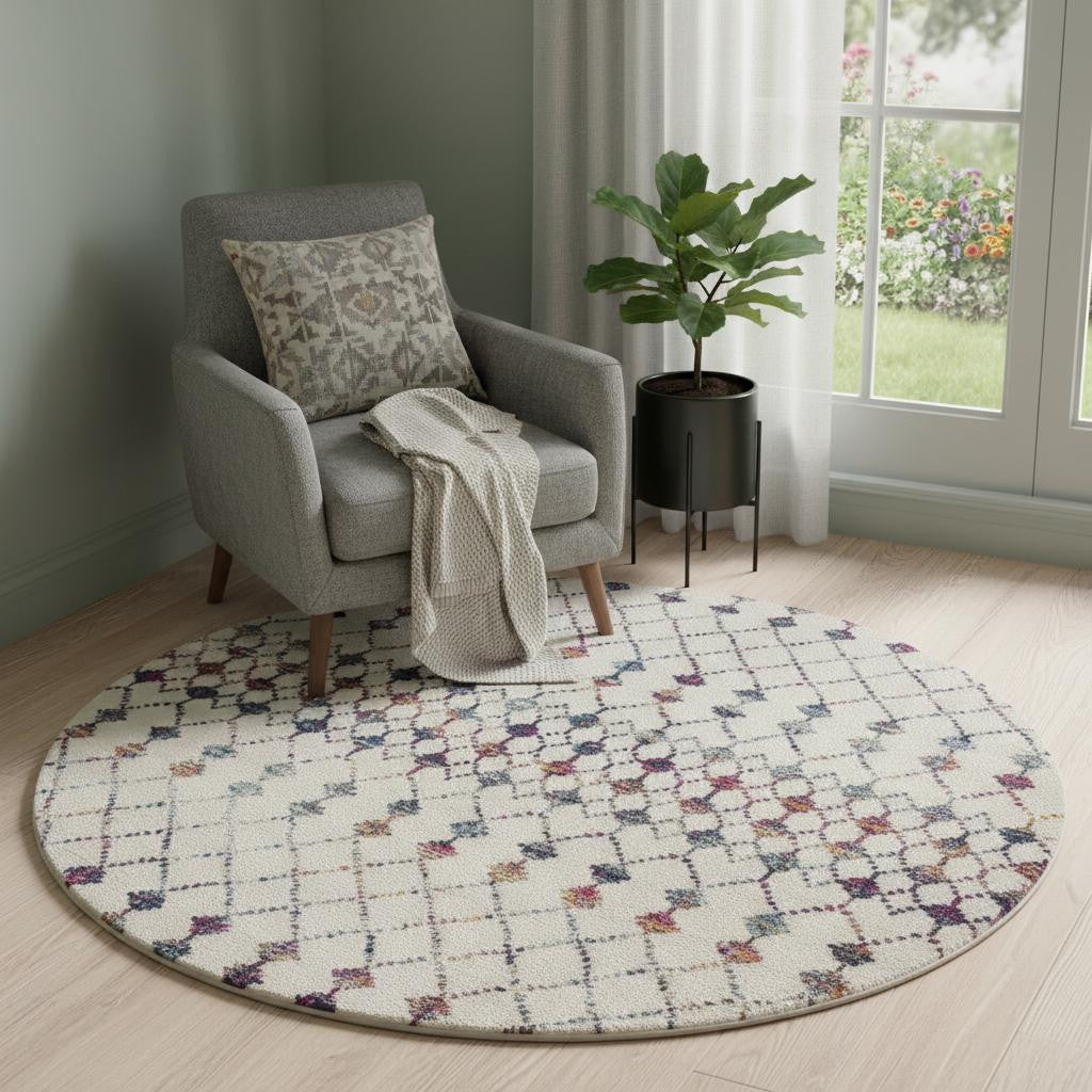 5 X 5 Beige And Blue Abstract Round Rug