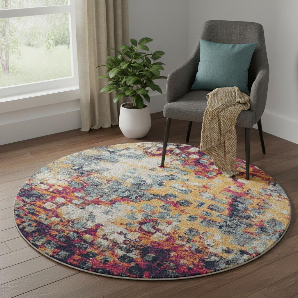5 X 5 Yellow And Blue Abstract Round Rug