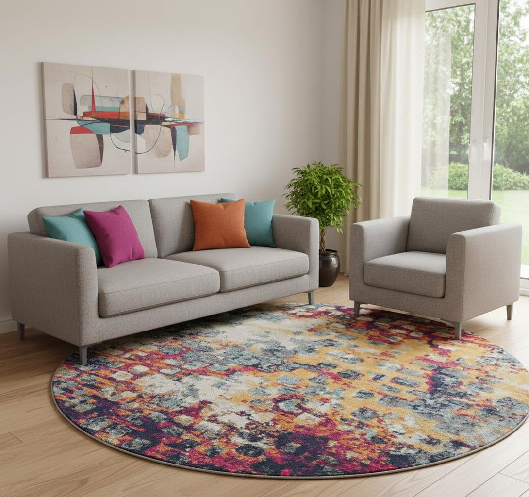8 X 8 Yellow And Blue Abstract Round Rug