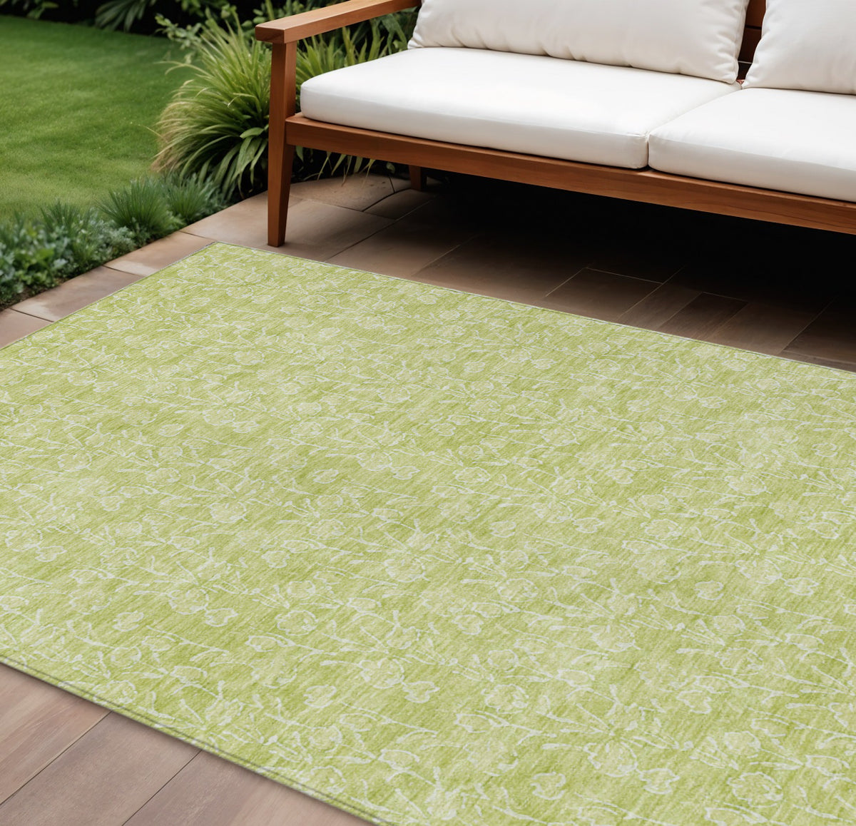 9' X 12' Artichoke Green And Ivory Floral Washable Indoor Outdoor Area Rug