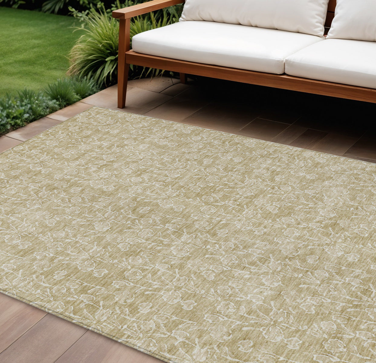 10' X 14' Beige And Ivory Floral Washable Indoor Outdoor Area Rug