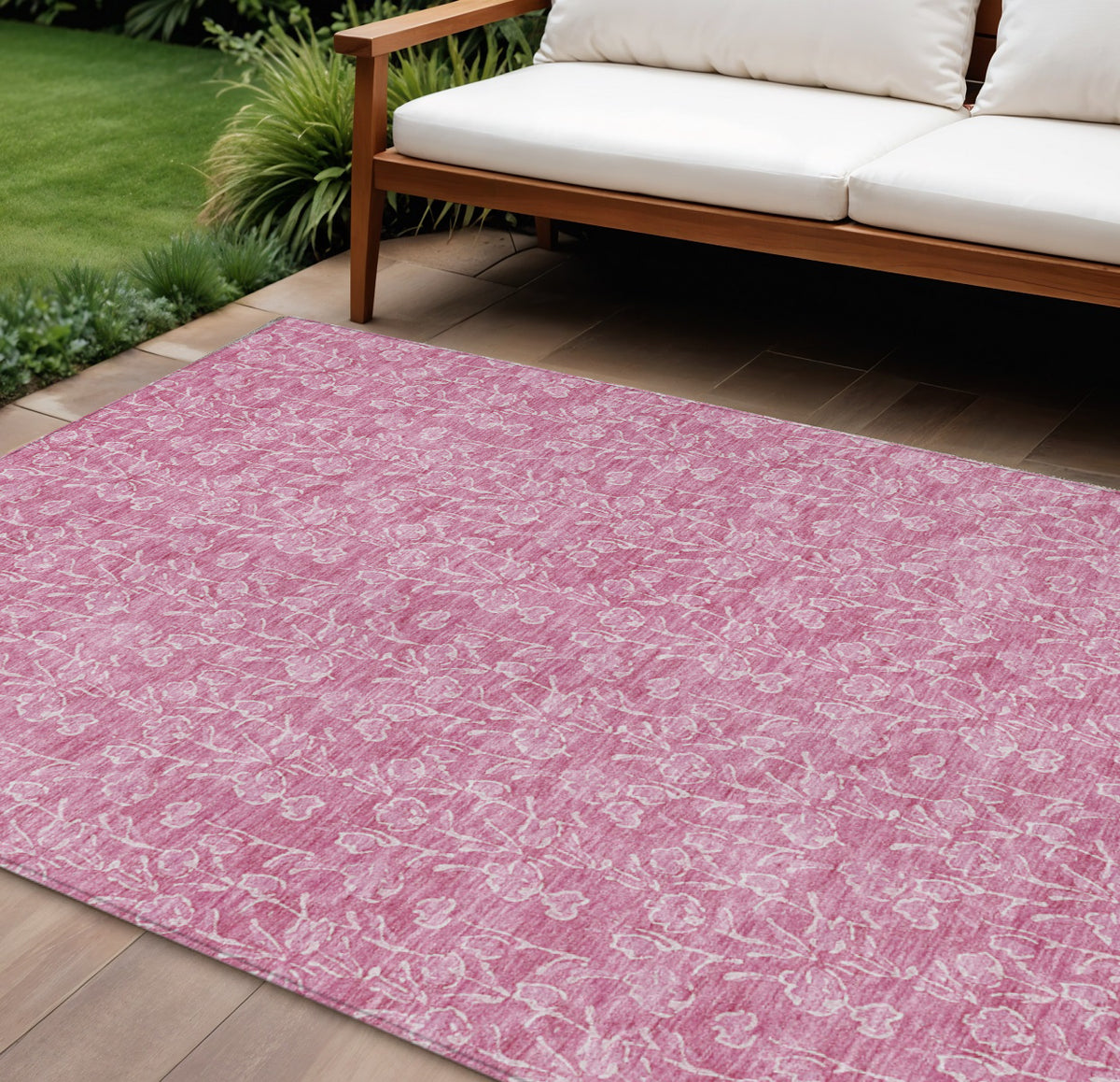 10' X 14' Blush And Ivory Floral Washable Indoor Outdoor Area Rug