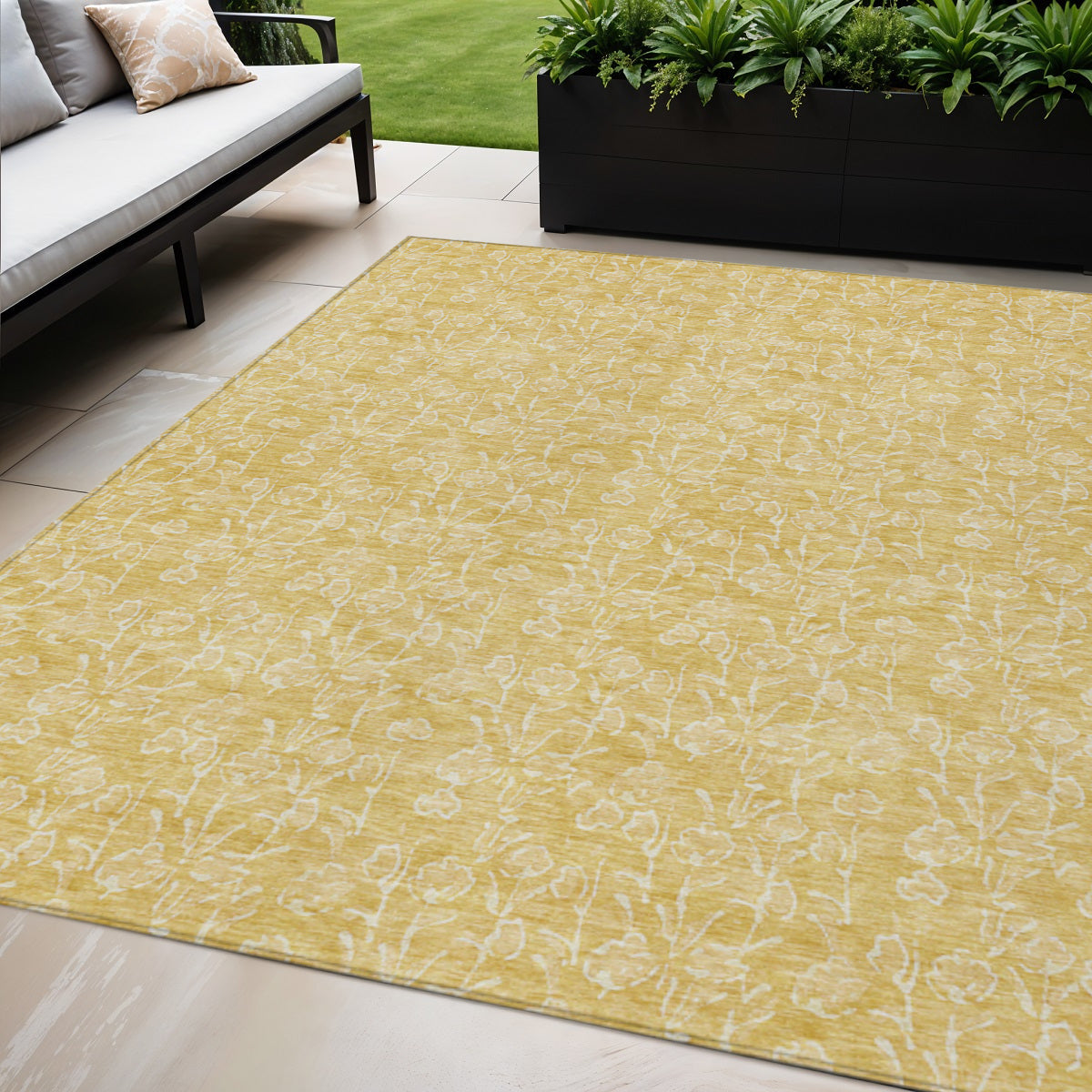 5' X 8' Gold And Ivory Floral Washable Indoor Outdoor Area Rug