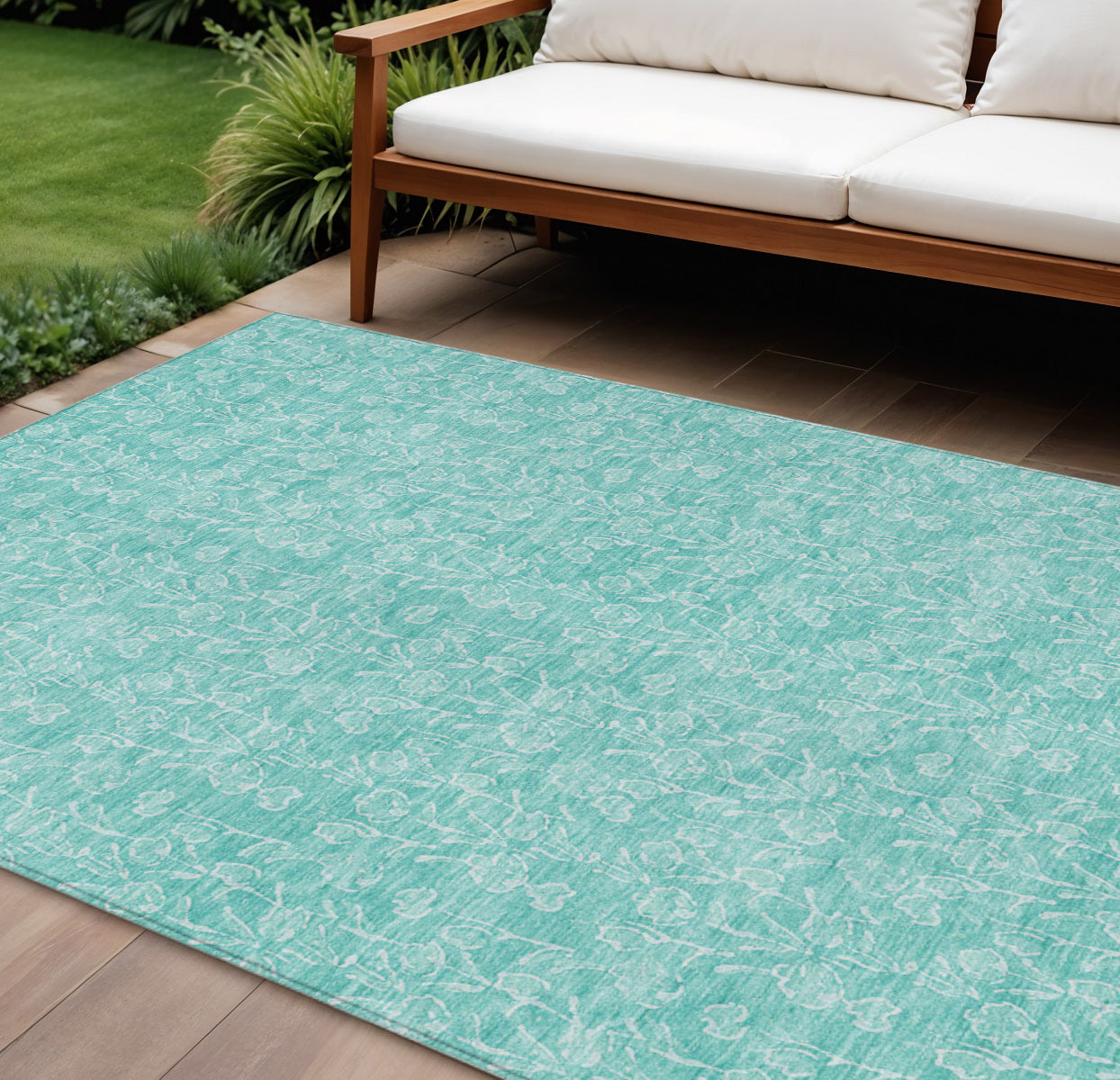 9' X 12' Teal Blue And Ivory Floral Washable Indoor Outdoor Area Rug