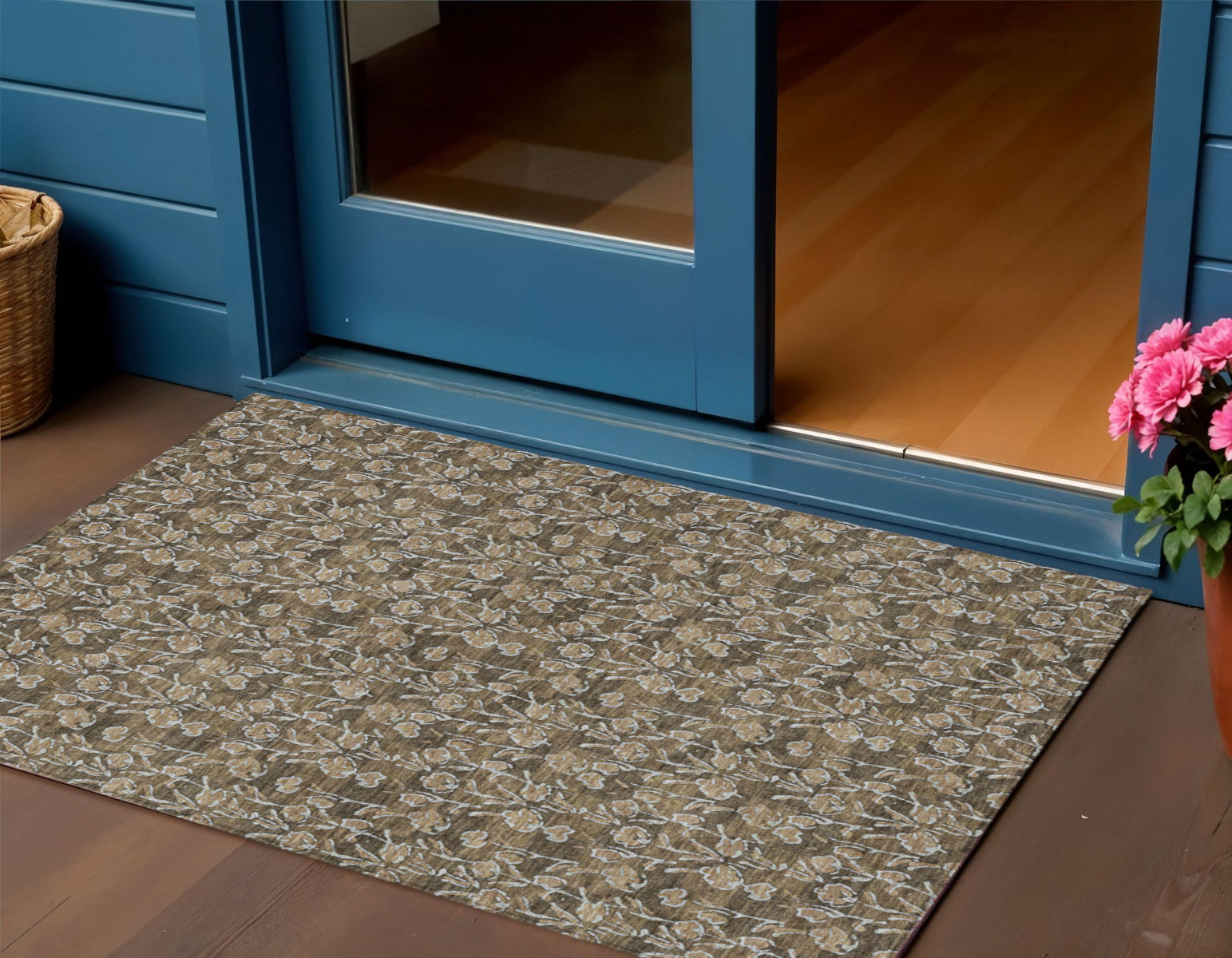 3' X 5' Brown And Ivory Floral Washable Indoor Outdoor Area Rug