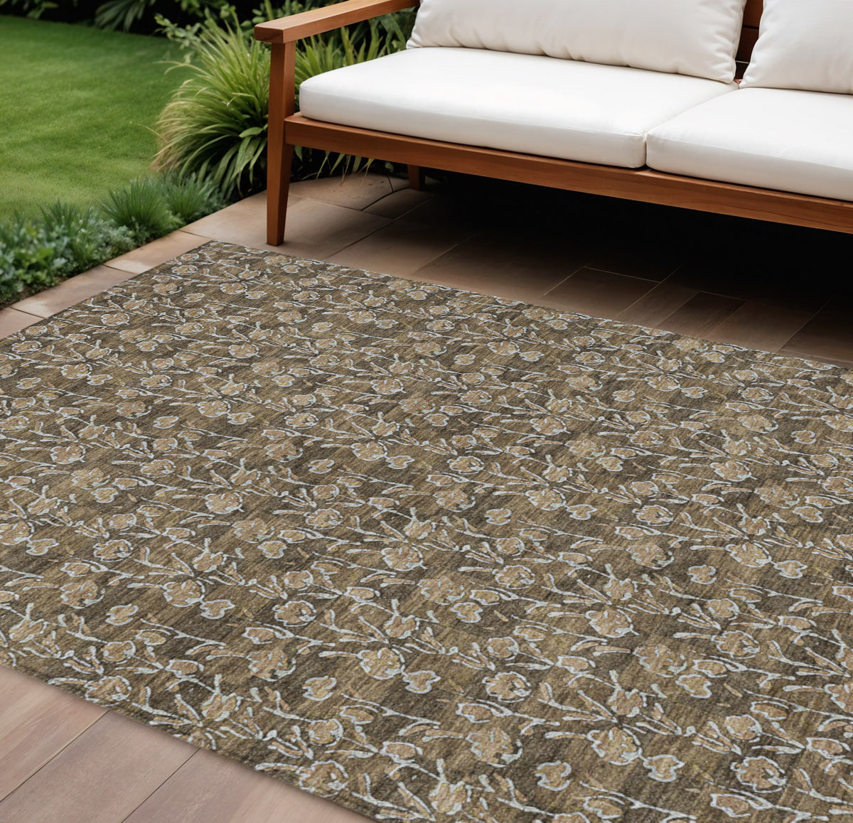 10' X 14' Brown And Ivory Floral Washable Indoor Outdoor Area Rug