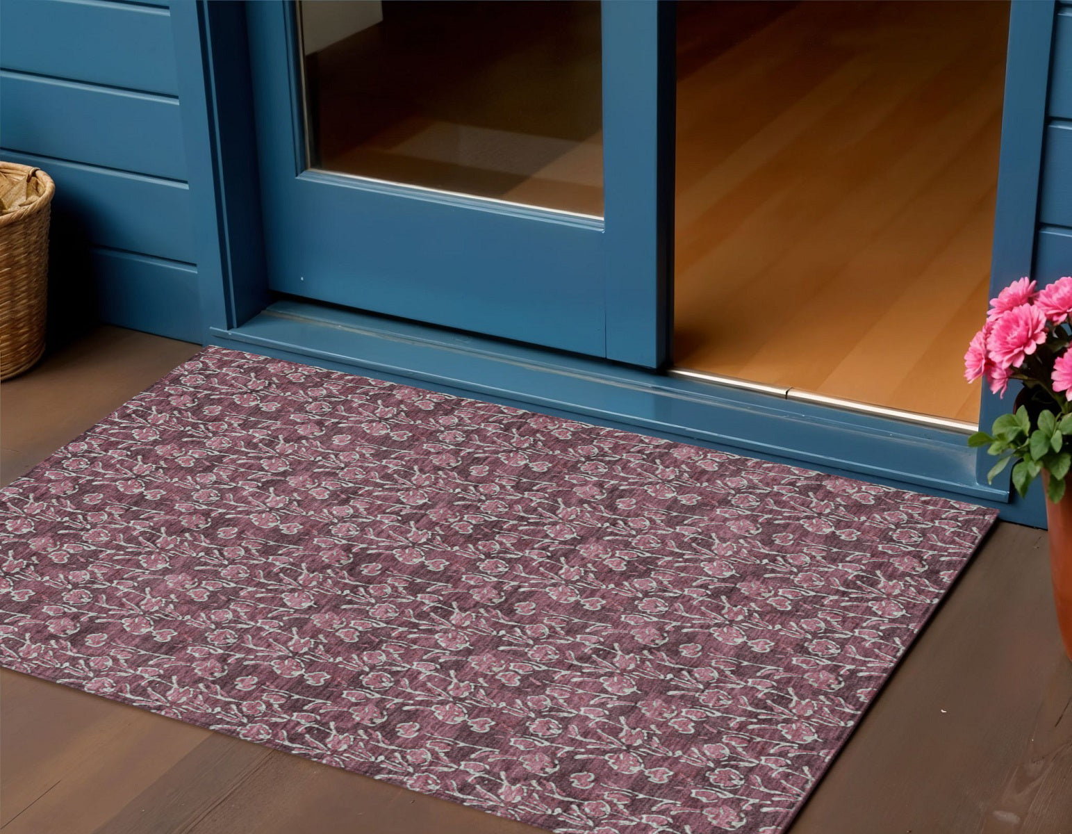 3' X 5' Merlot Mauve And Ivory Floral Washable Indoor Outdoor Area Rug
