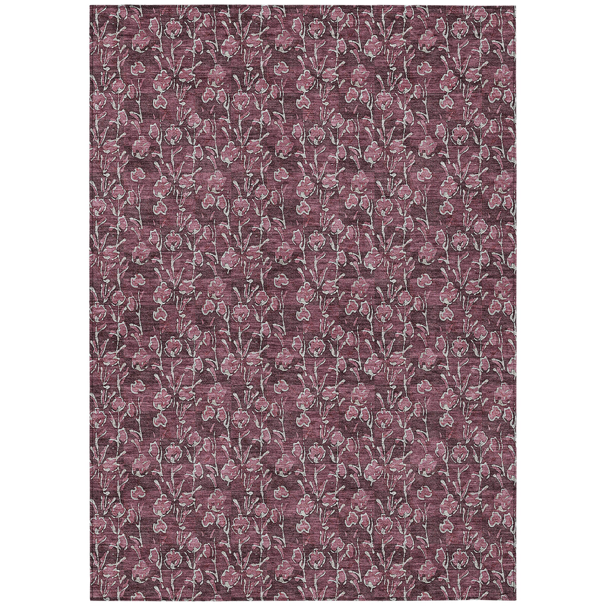 9' X 12' Merlot Mauve And Ivory Floral Washable Indoor Outdoor Area Rug
