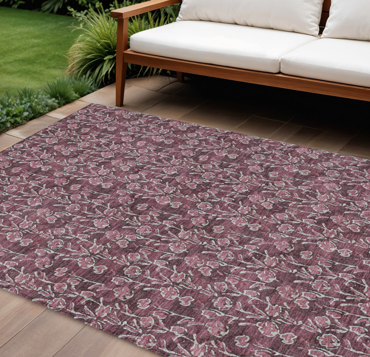 10' X 14' Merlot Mauve And Ivory Floral Washable Indoor Outdoor Area Rug