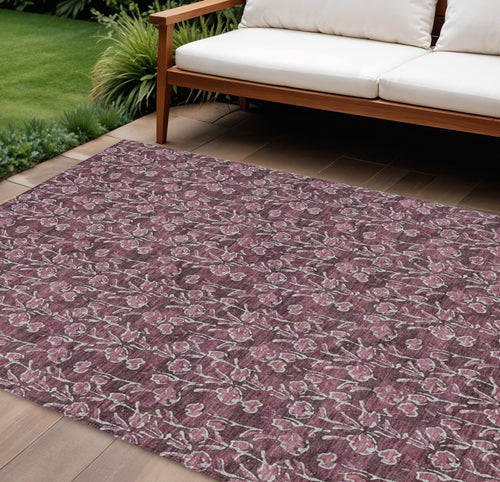 10' X 14' Merlot Mauve And Ivory Floral Washable Indoor Outdoor Area Rug