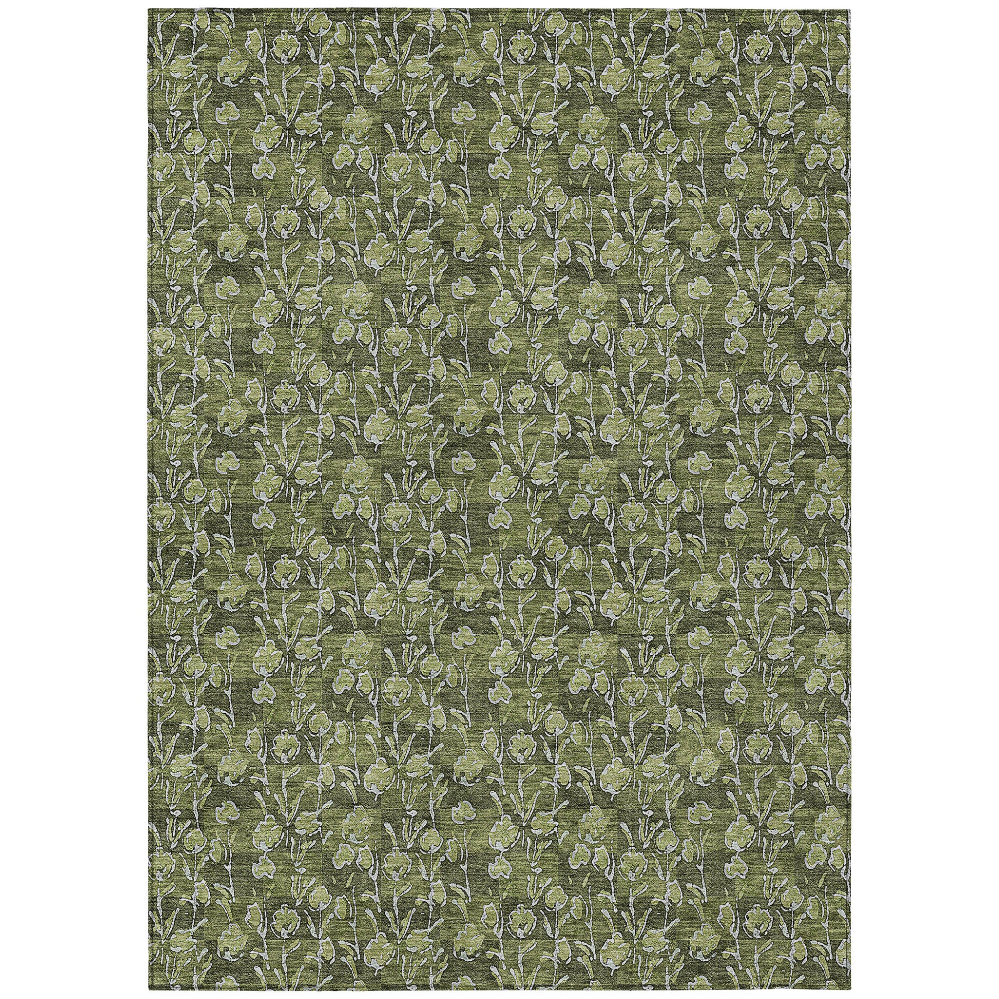 9' X 12' Olive Green Artichoke Green And Ivory Floral Washable Indoor Outdoor Area Rug