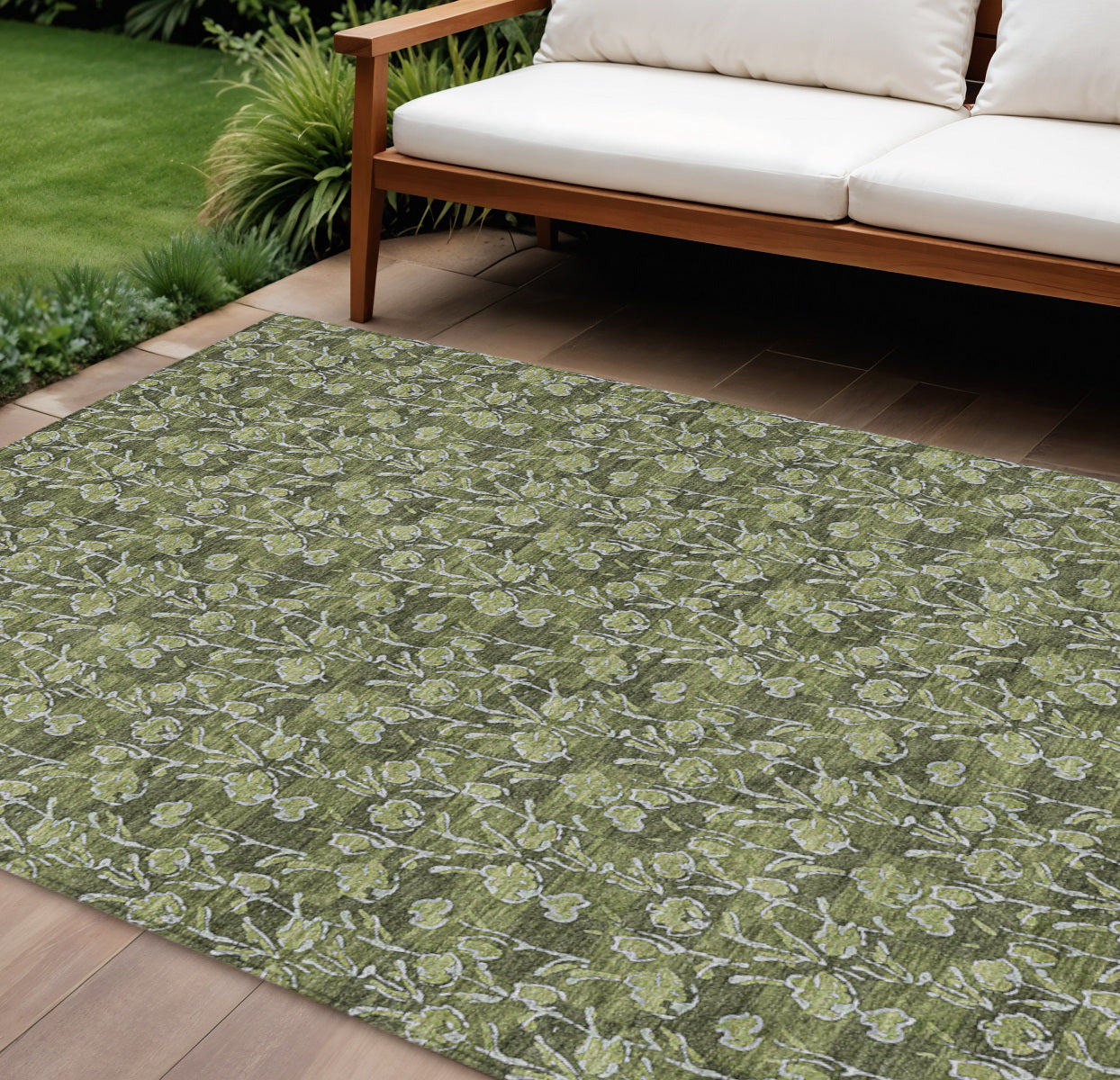 10' X 14' Olive Green Artichoke Green And Ivory Floral Washable Indoor Outdoor Area Rug