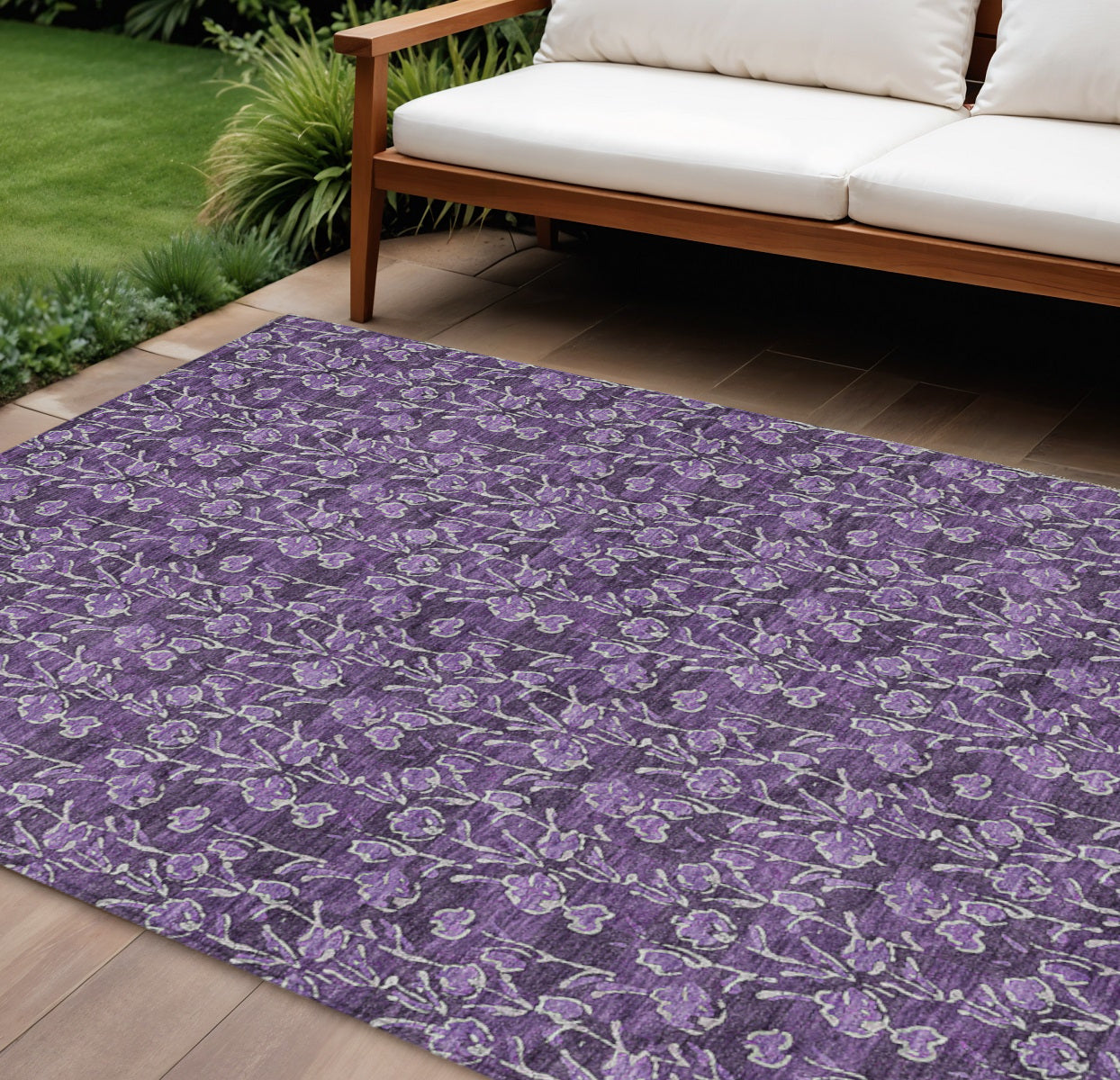 9' X 12' Purple Eggplant And Ivory Floral Washable Indoor Outdoor Area Rug