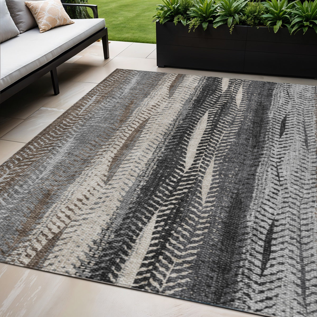 5' X 8' Brown Gray And Ivory Botanical Leaves Washable Indoor Outdoor Area Rug