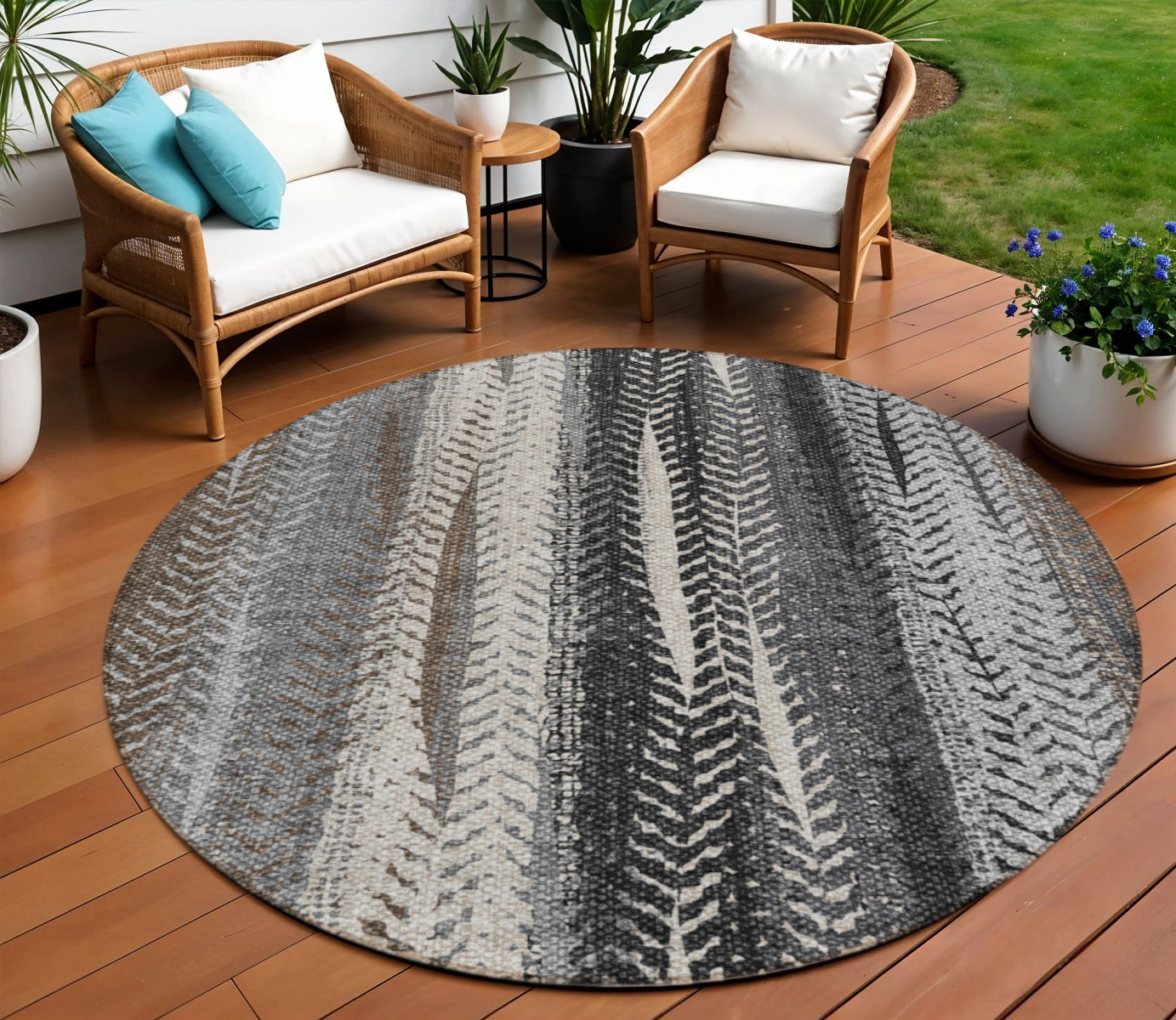 8' Brown Gray And Ivory Round Botanical Leaves Washable Indoor Outdoor Area Rug