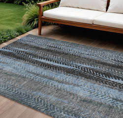9' X 12' Blue Gray And Charcoal Botanical Leaves Washable Indoor Outdoor Area Rug