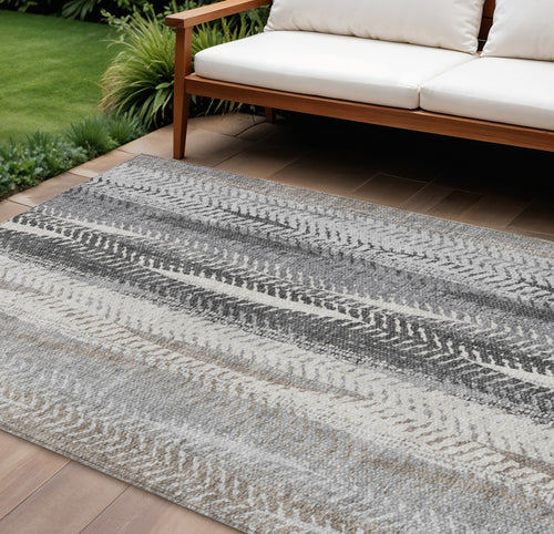 10' X 14' Khaki Ivory And Gray Botanical Leaves Washable Indoor Outdoor Area Rug