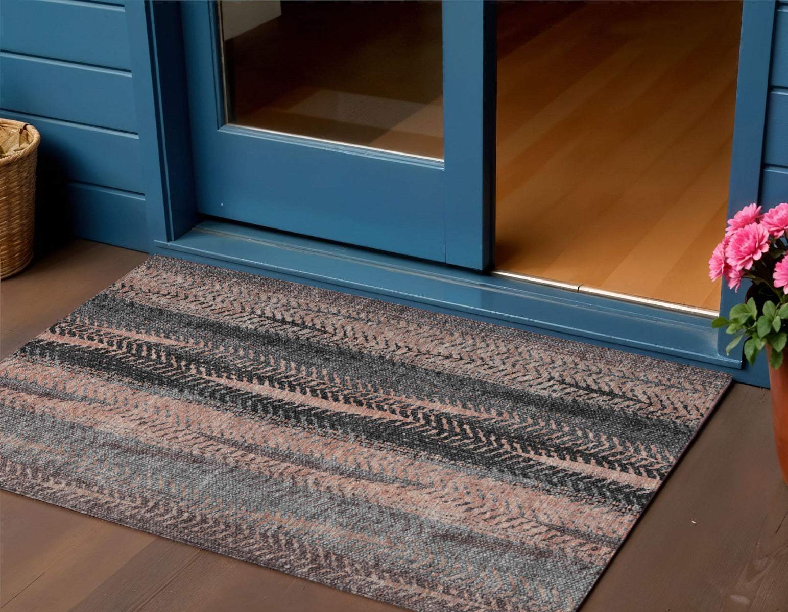 3' X 5' Blue Charcoal And Copper Botanical Leaves Washable Indoor Outdoor Area Rug