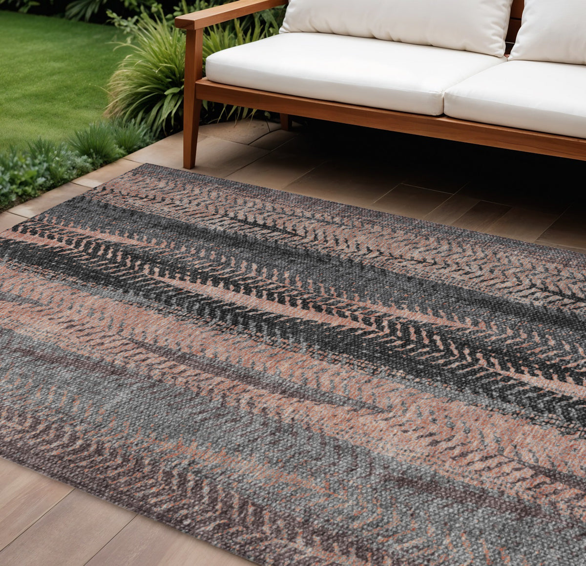 9' X 12' Blue Charcoal And Copper Botanical Leaves Washable Indoor Outdoor Area Rug