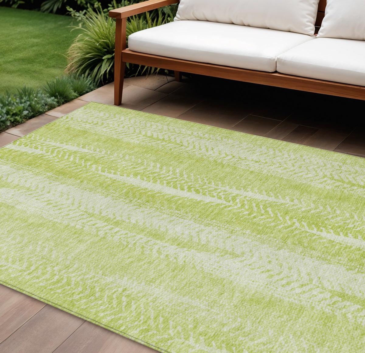 9' X 12' Artichoke Green And Ivory Botanical Leaves Washable Indoor Outdoor Area Rug