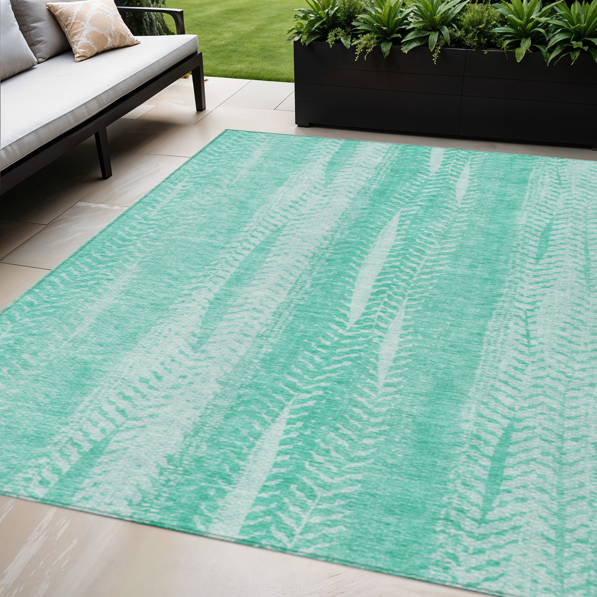 5' X 8' Aqua Teal Blue And Ivory Botanical Leaves Washable Indoor Outdoor Area Rug