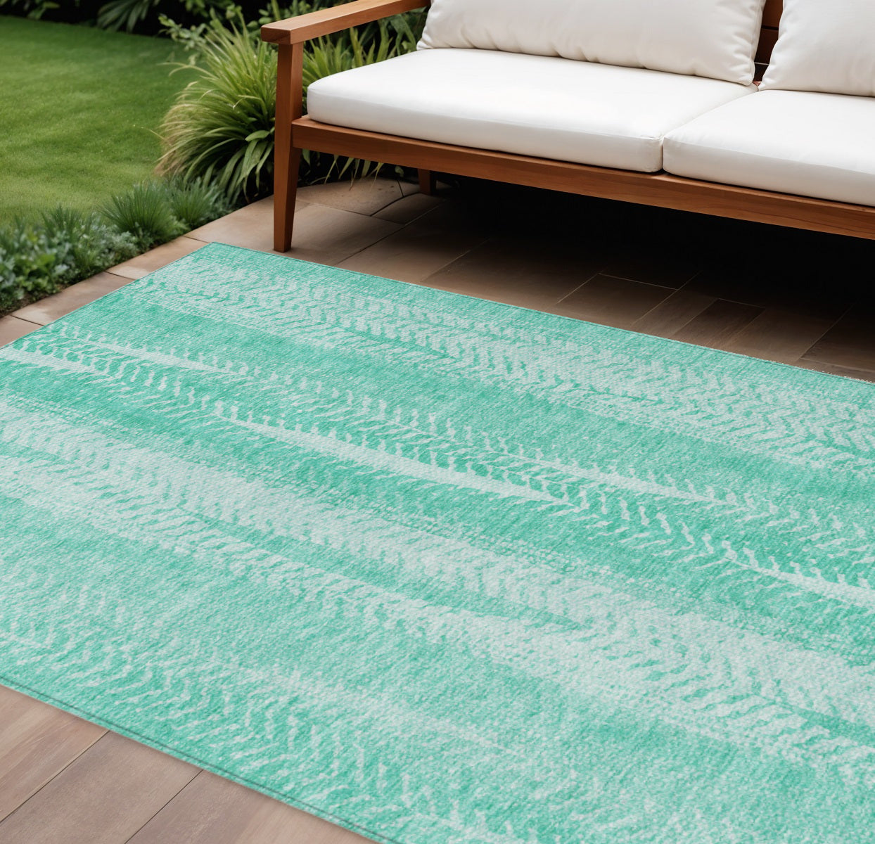 10' X 14' Aqua Teal Blue And Ivory Botanical Leaves Washable Indoor Outdoor Area Rug