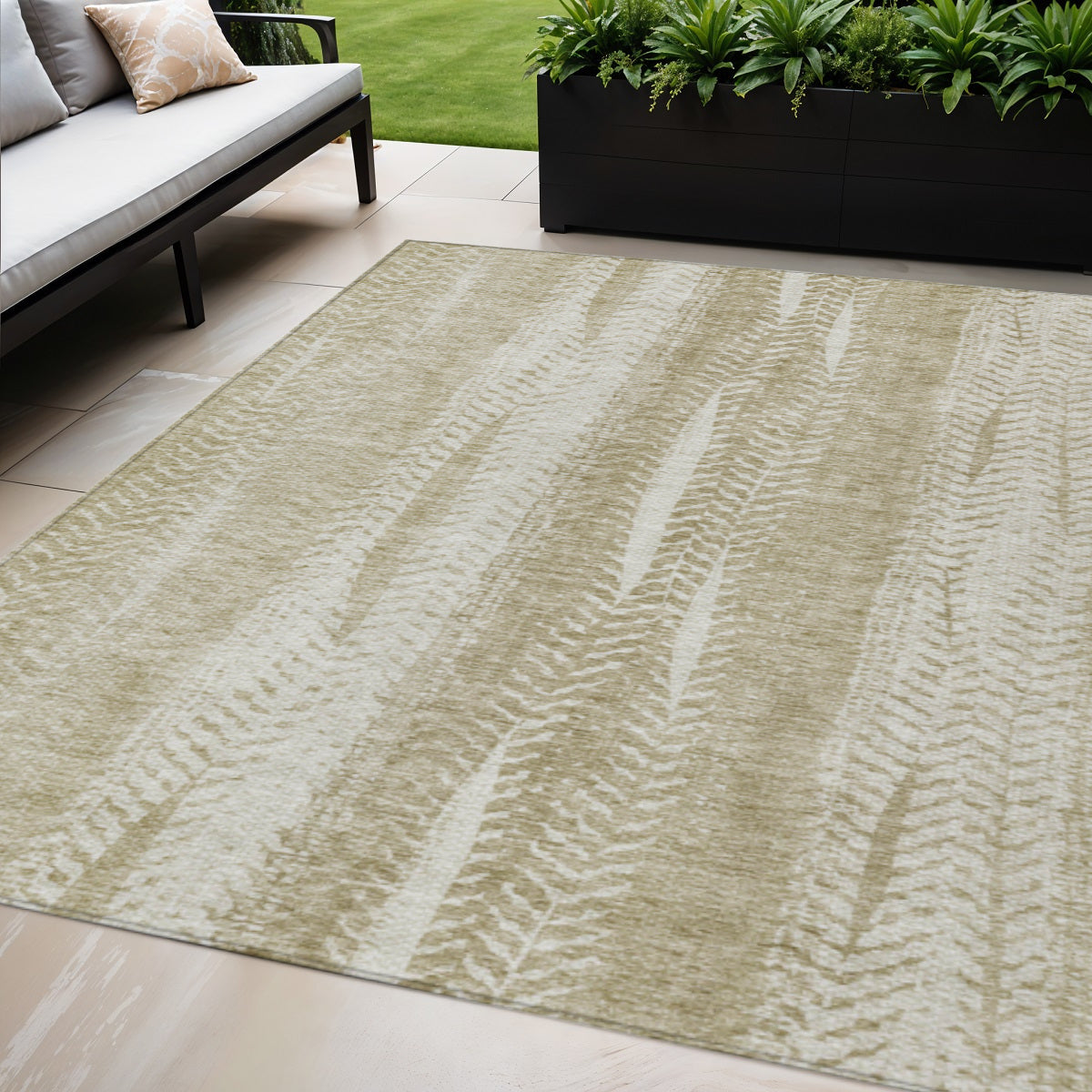 5' X 8' Beige Tan And Taupe Botanical Leaves Washable Indoor Outdoor Area Rug