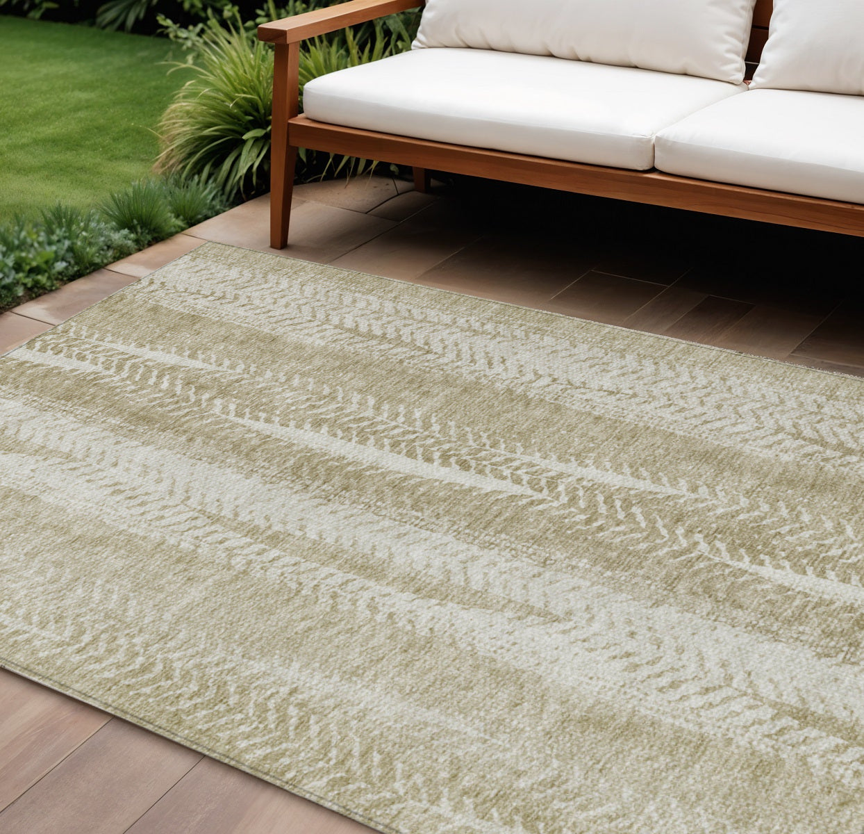 10' X 14' Beige Tan And Taupe Botanical Leaves Washable Indoor Outdoor Area Rug