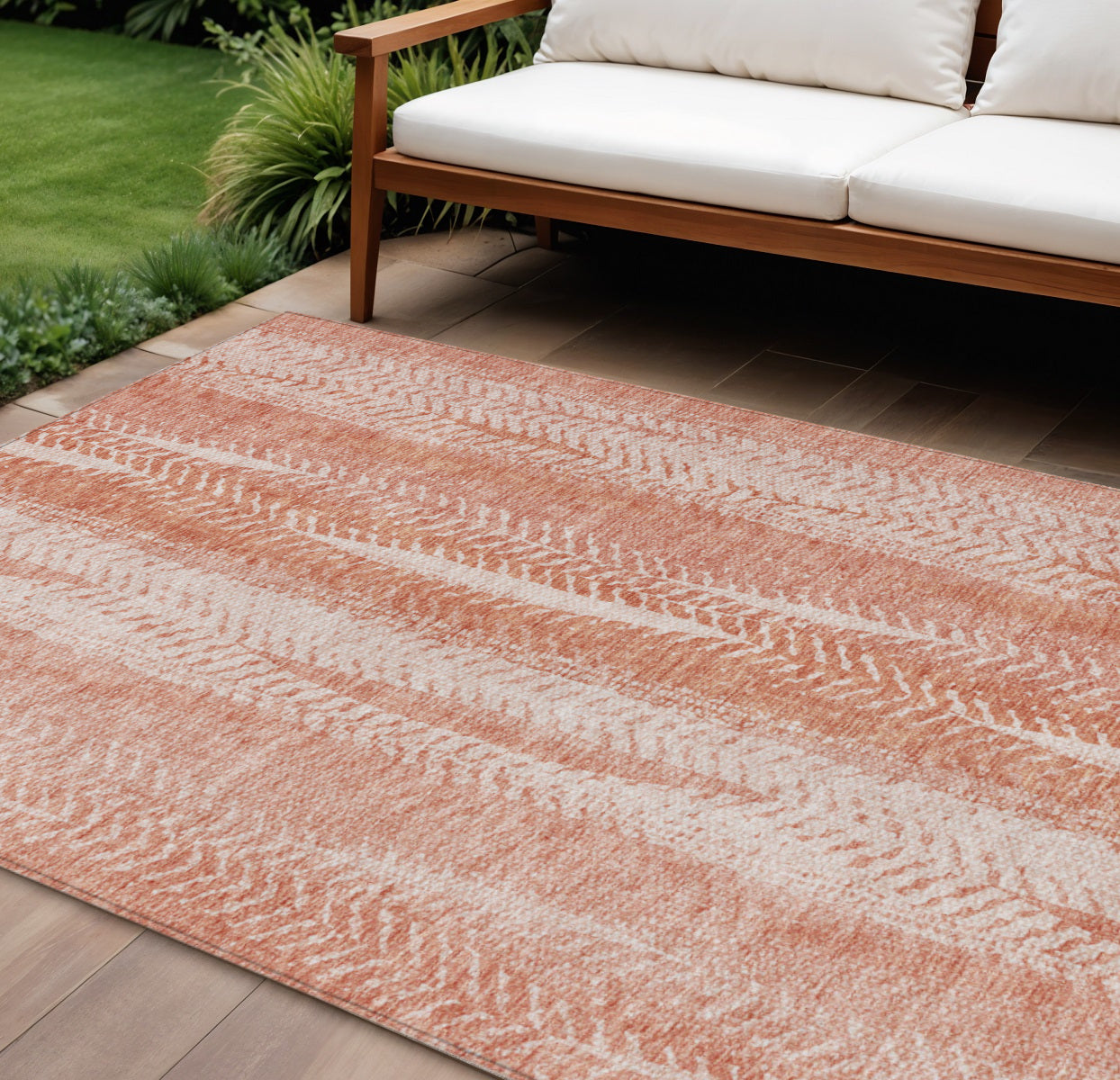 9' X 12' Orange And Salmon Botanical Leaves Washable Indoor Outdoor Area Rug