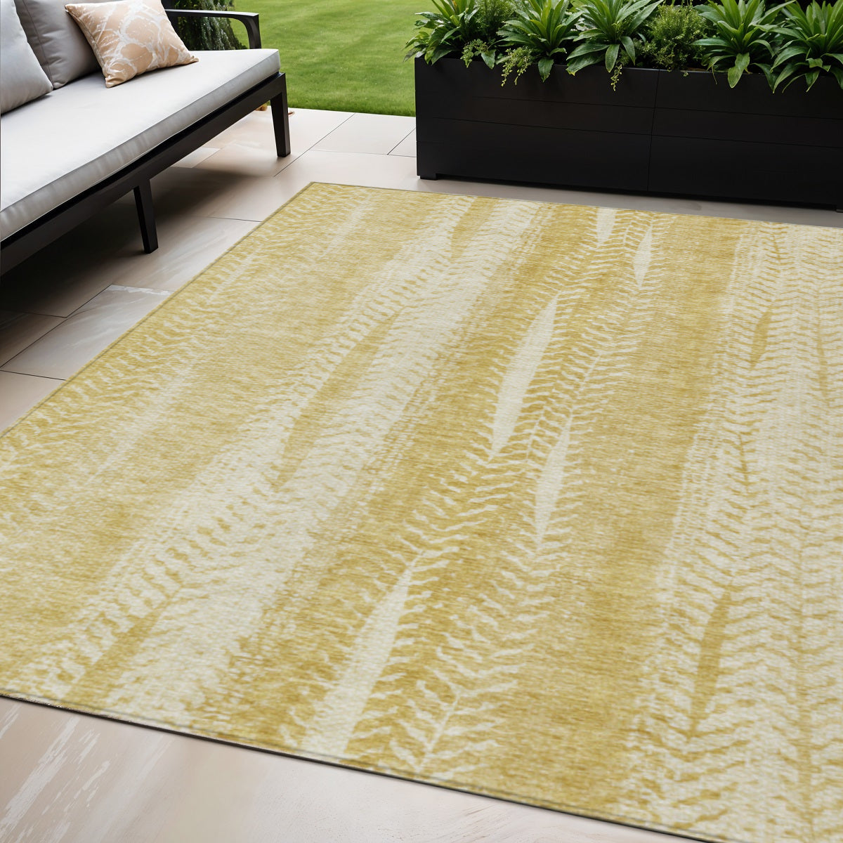 5' X 8' Gold Wheat And Ivory Botanical Leaves Washable Indoor Outdoor Area Rug