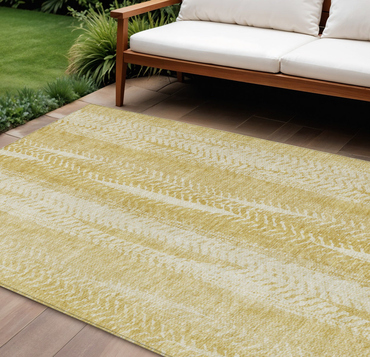 9' X 12' Gold Wheat And Ivory Botanical Leaves Washable Indoor Outdoor Area Rug