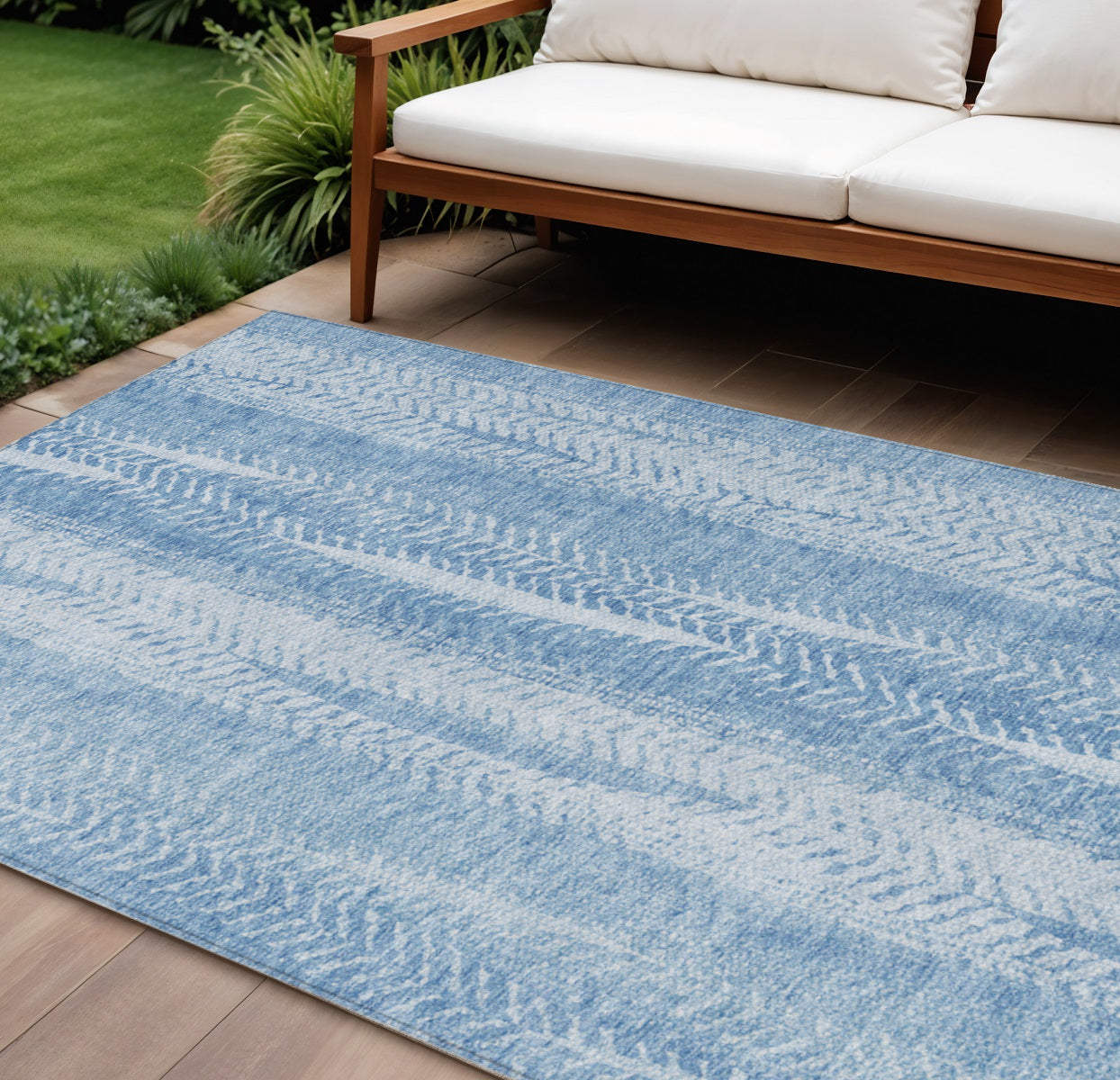 9' X 12' Sky Blue And Denim Blue Botanical Leaves Washable Indoor Outdoor Area Rug