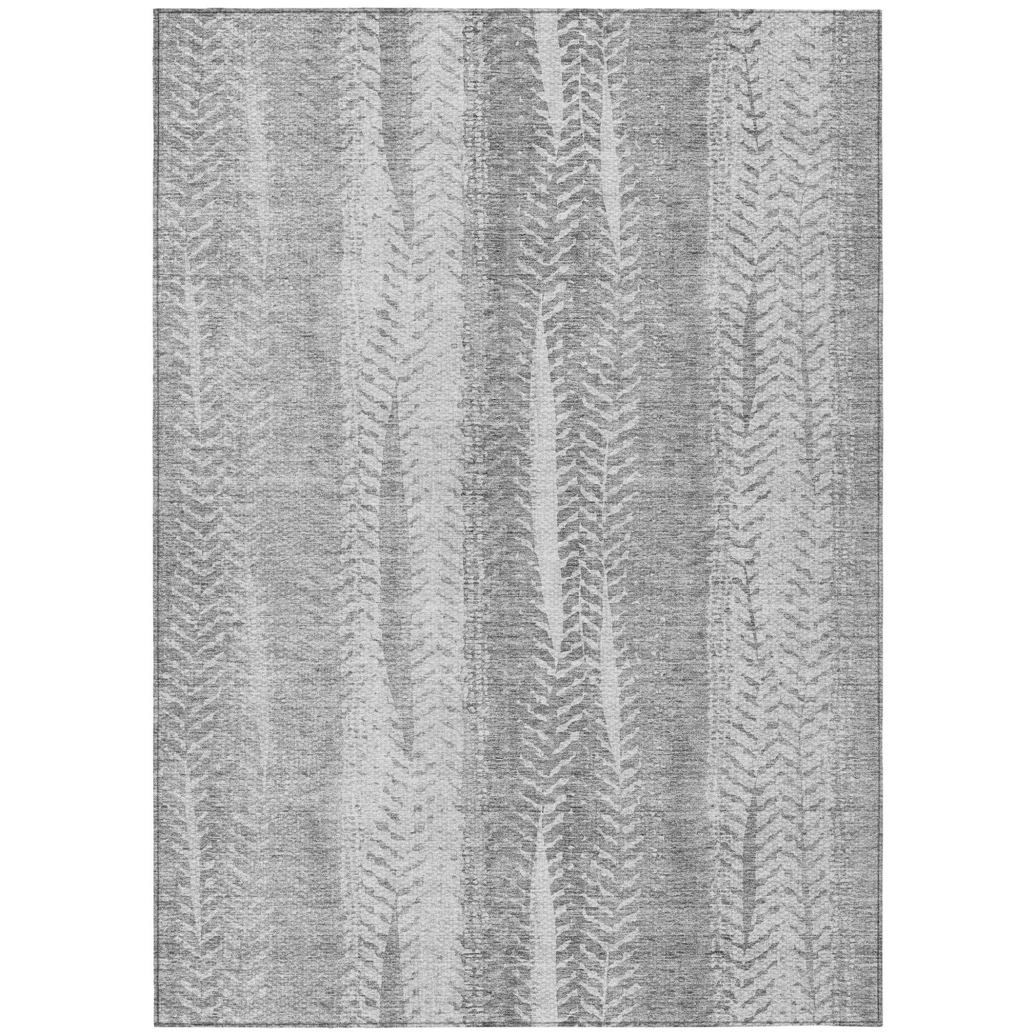 5' X 8' Silver Gray And Graphite Botanical Leaves Washable Indoor Outdoor Area Rug