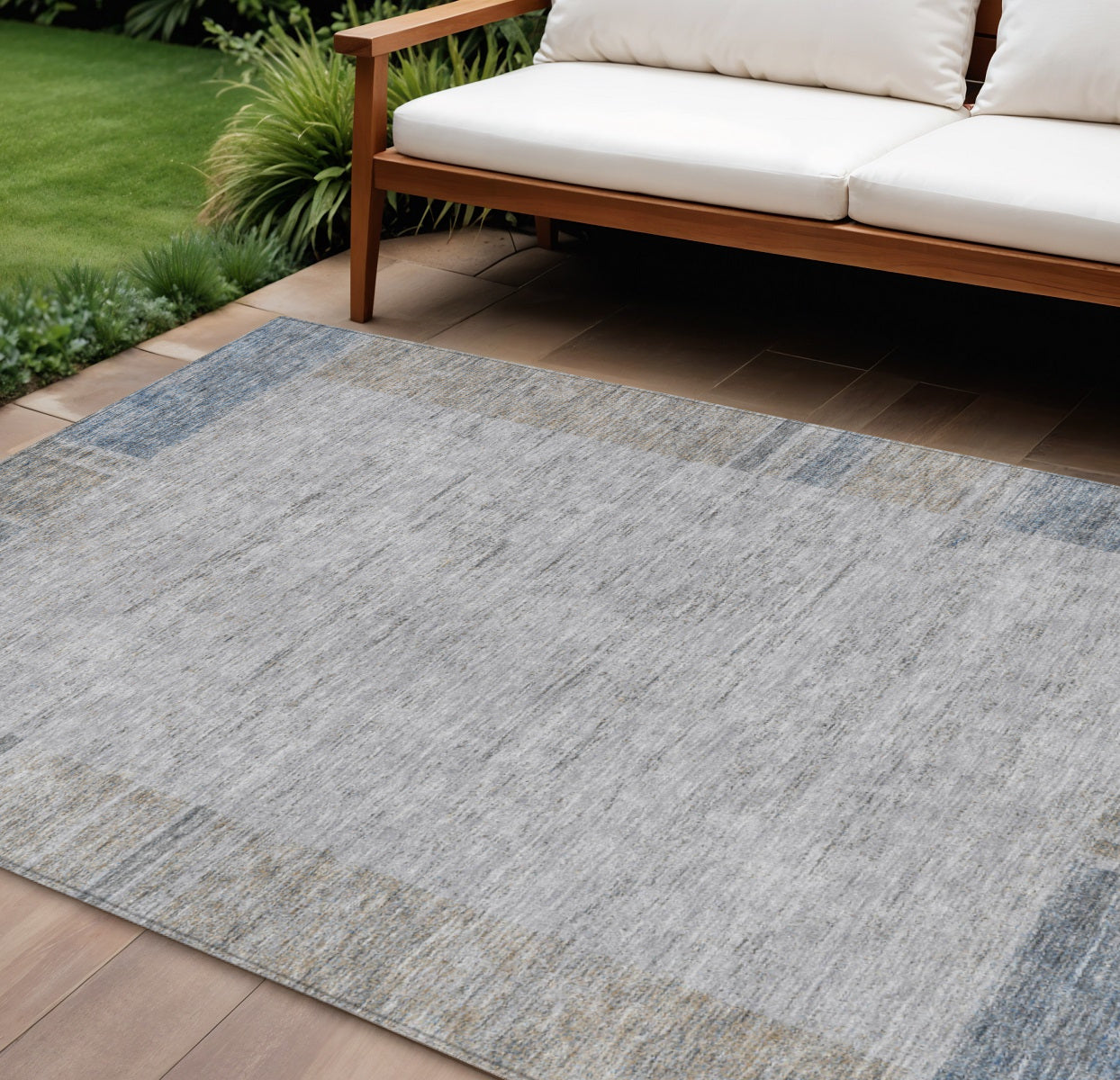 9' X 12' Taupe Beige And Blue Geometric Washable Indoor Outdoor Area Rug