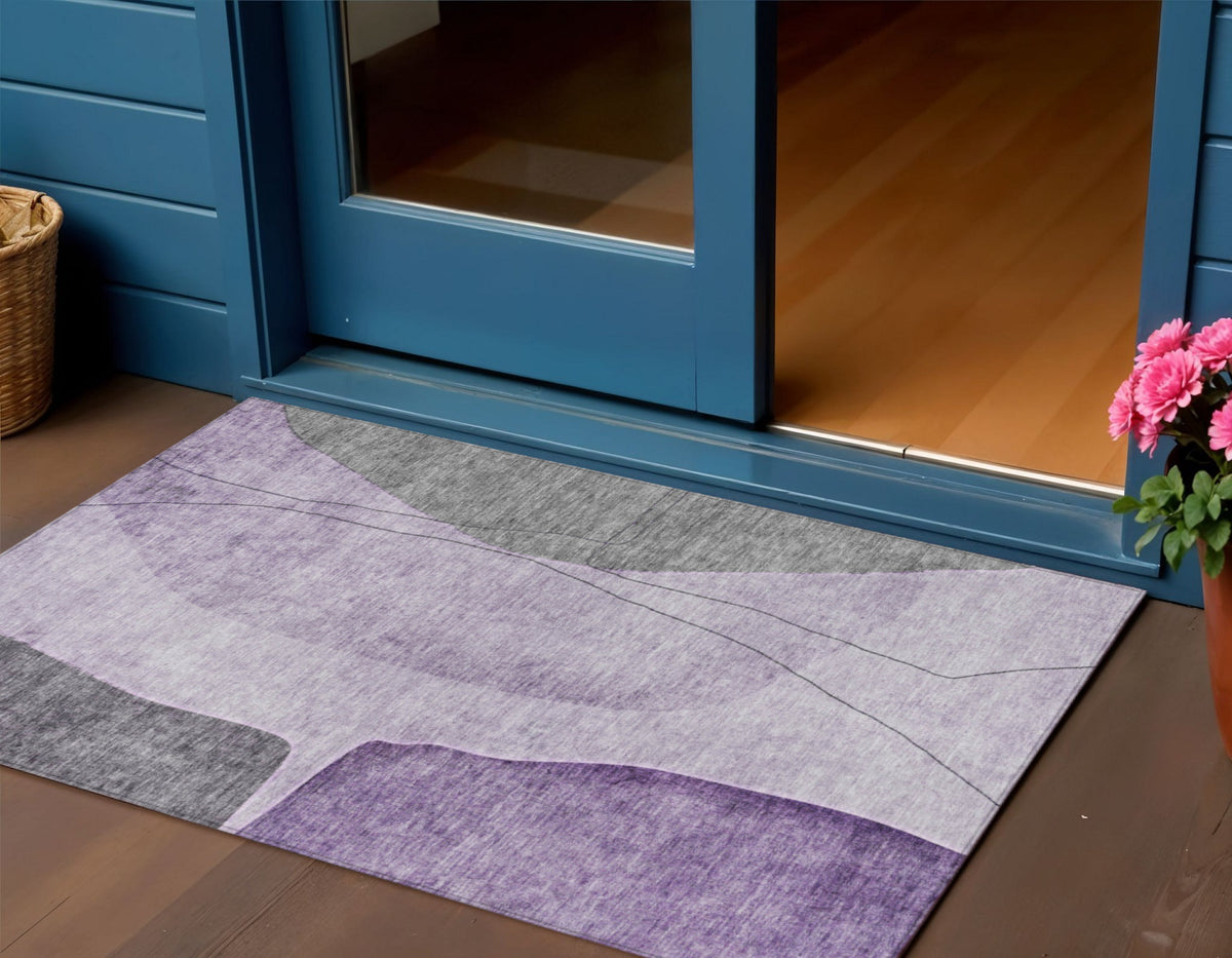 3' X 5' Purple Eggplant And Gray Abstract Washable Indoor Outdoor Area Rug