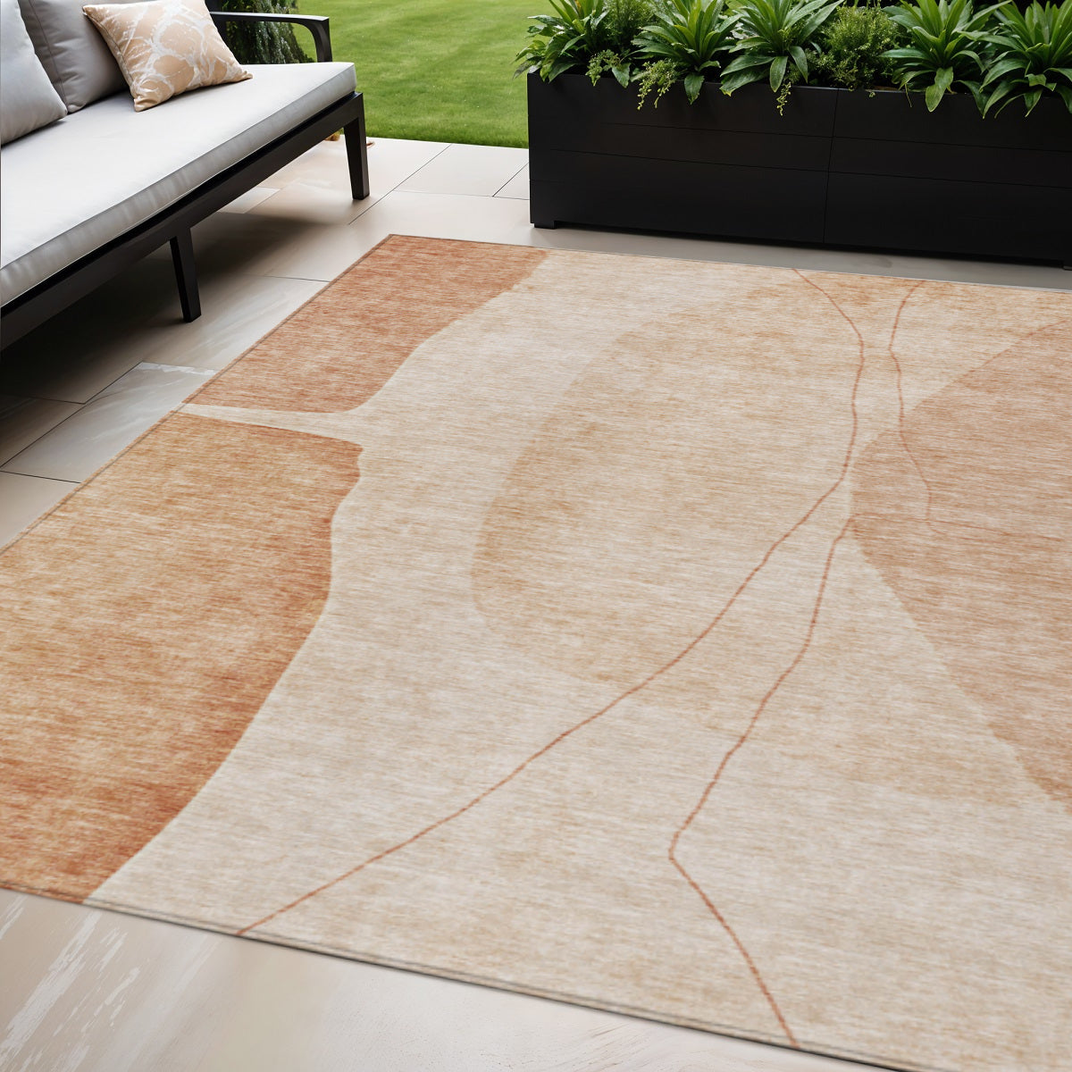 5' X 8' Terra Cotta Orange And Copper Abstract Washable Indoor Outdoor Area Rug